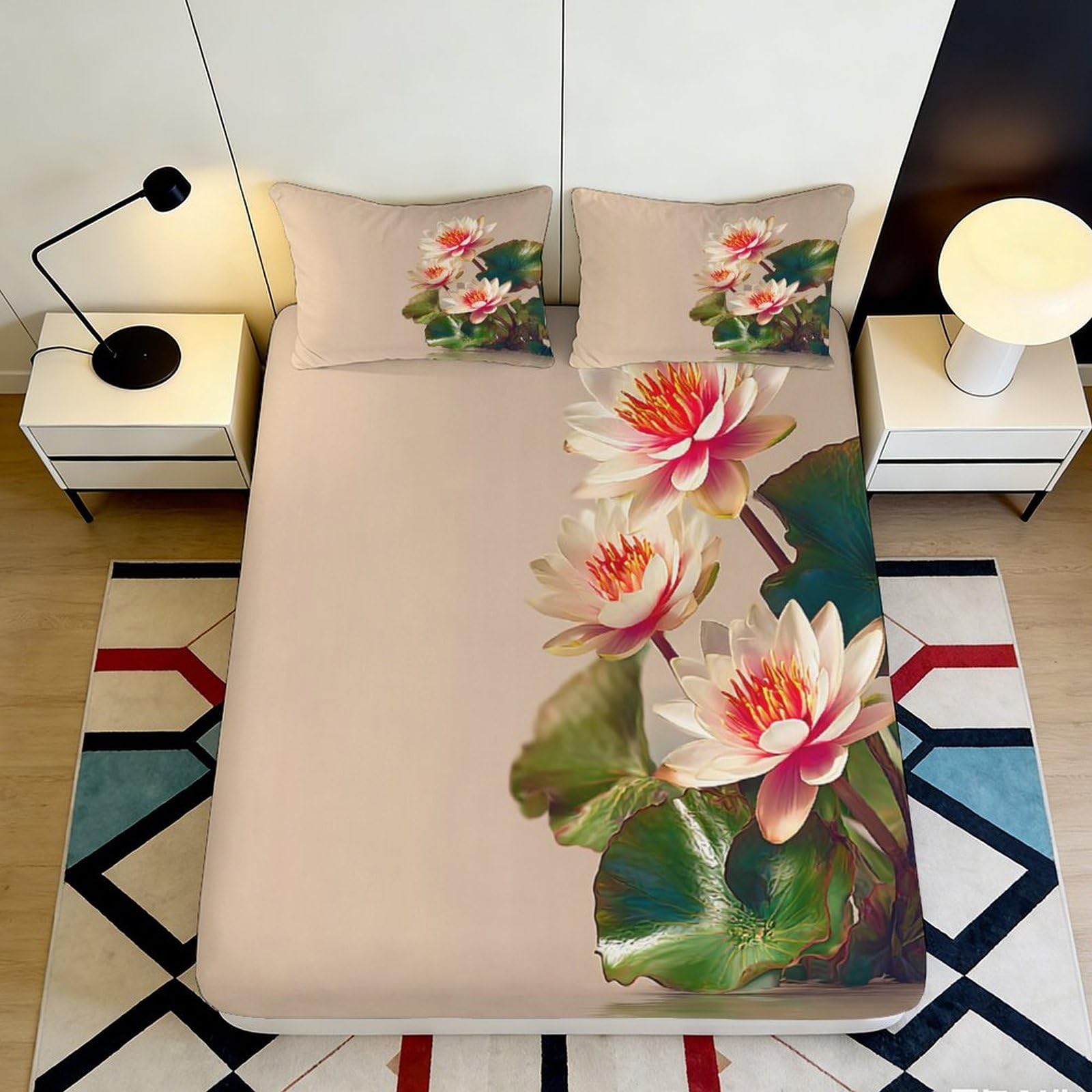 3D Printed Water Lily Fitted Sheet Microfiber Soft Beige Lotus Mattress Cover for Bedroom Guest Room Decor 90x200x25cm