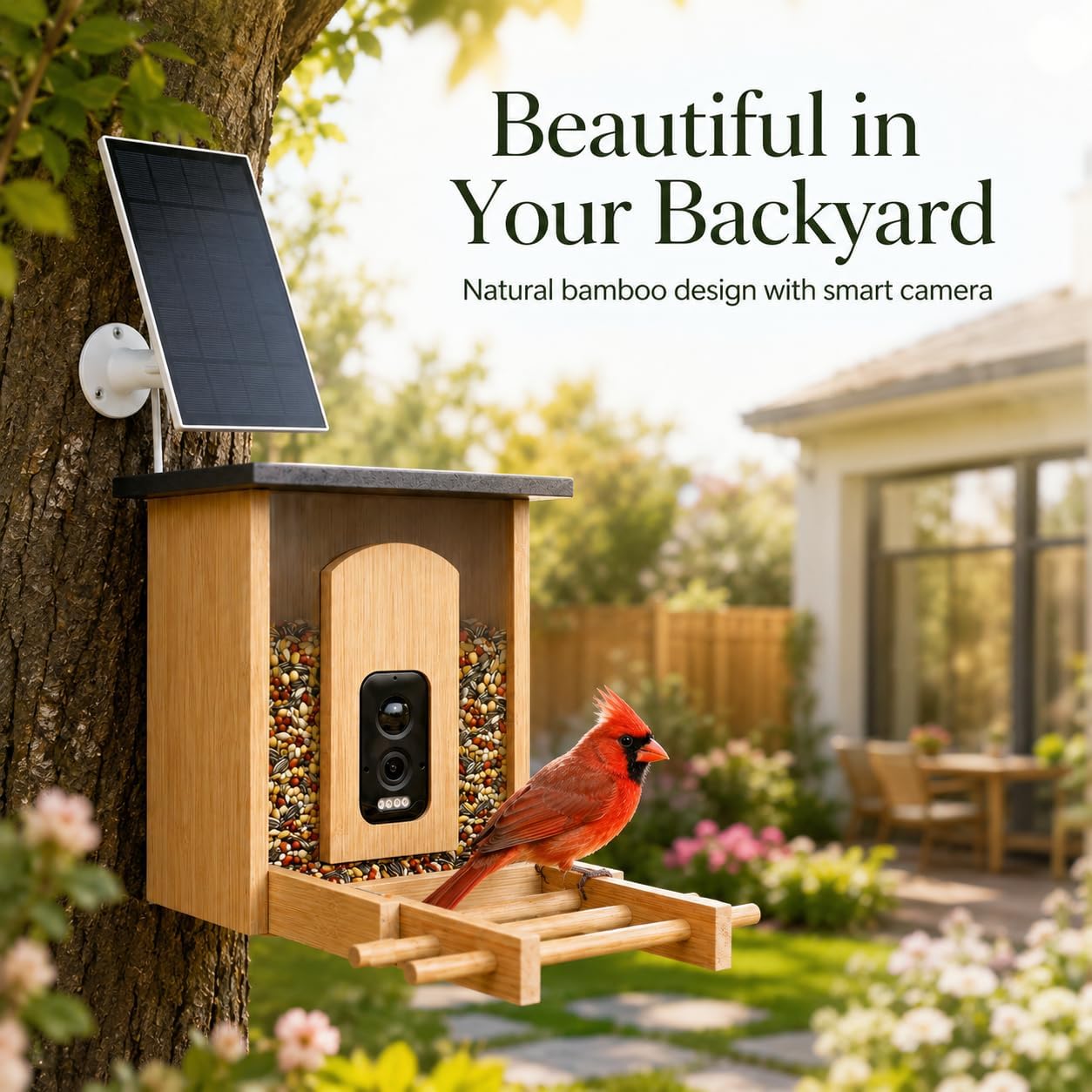 smart bird feeder camera, ai bird recognition, solar 2k hd, 2.4ghz wifi | ai bird recognition for 16000+ species, motion alerts,night vision,easy refill,bamboo build,stable 2.4ghz wifi smart feeder bamboo ai-natural