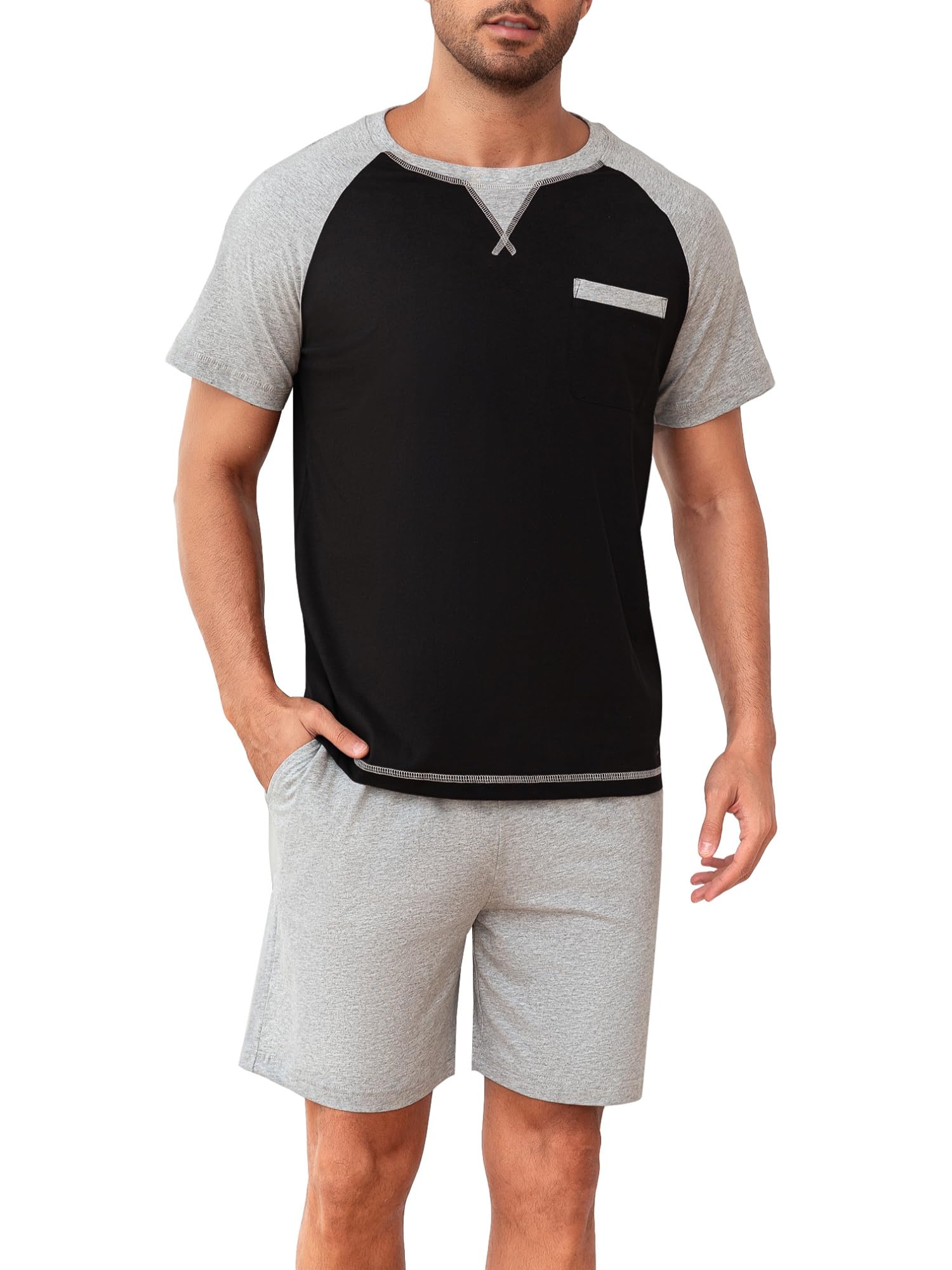 Winovia Herren Schlafanzug Kurz aus 100% Baumwolle - Sommer Pyjama Set mit Raglan-Ärmeln, Zweiteiliger atmungsaktiver Hausanzug für Männer, Nachtwäsche mit Brusttasche & Kordelzug