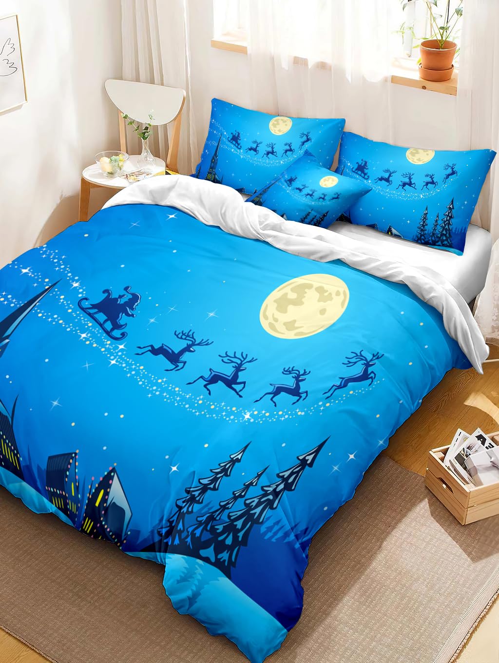 Poszewka na Kołdrę Boże narodzenie 240 x 220 cm Zestaw Pościeli Z nadrukiem Choinki Świętego Mikołaja Białe Płatki Śniegu Poszewka na Kołdrę dla Chłopców I Dziewcząt Świąteczne narzu