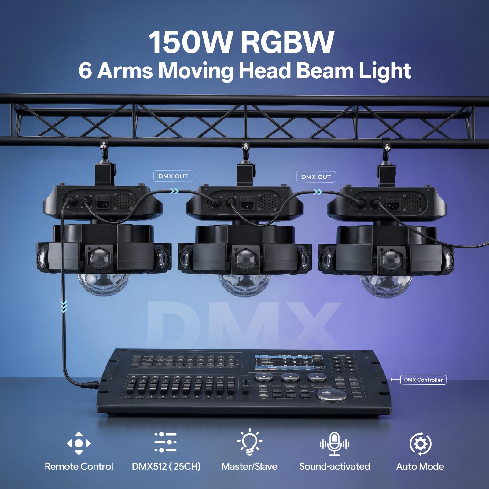 150W Lyre LED RGBW Beam Lumière de scène avec Télécommande, éclairage de soirée DJ 25 Canaux Jeux de Lumiere pour Bar, Club, Discothèque, Fête,Disco