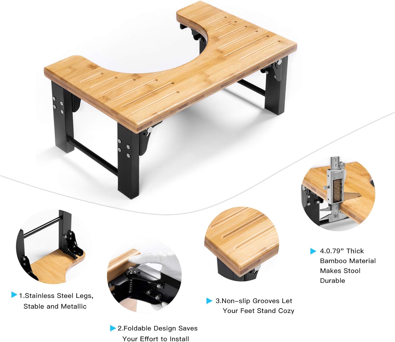 AmazerBath Bamboo Toilet Stool,Foldable Toilet Potty Stool with Black Stainless Steel Legs,7 Inches Foldable Bamboo Toilet Potty Stool, Men, Women, Natural Color : Health & Household