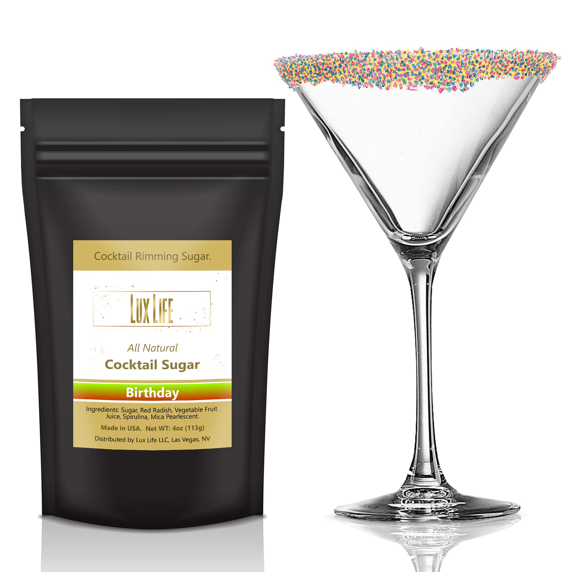 Cocktail Rim Sugar - All-Natural Fruit & Veg Coloring, Gluten-Free Vegan GMO-Free (Birthday Non-Flavored, 4 Ounce (Pack of 1))