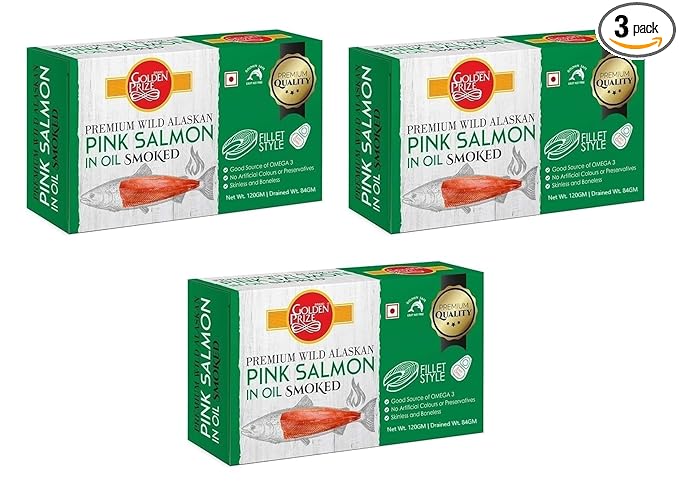 Golden Prize Smoked Pink Salmon Fillets in Oil 120Gms Each - Pack of 3 Units