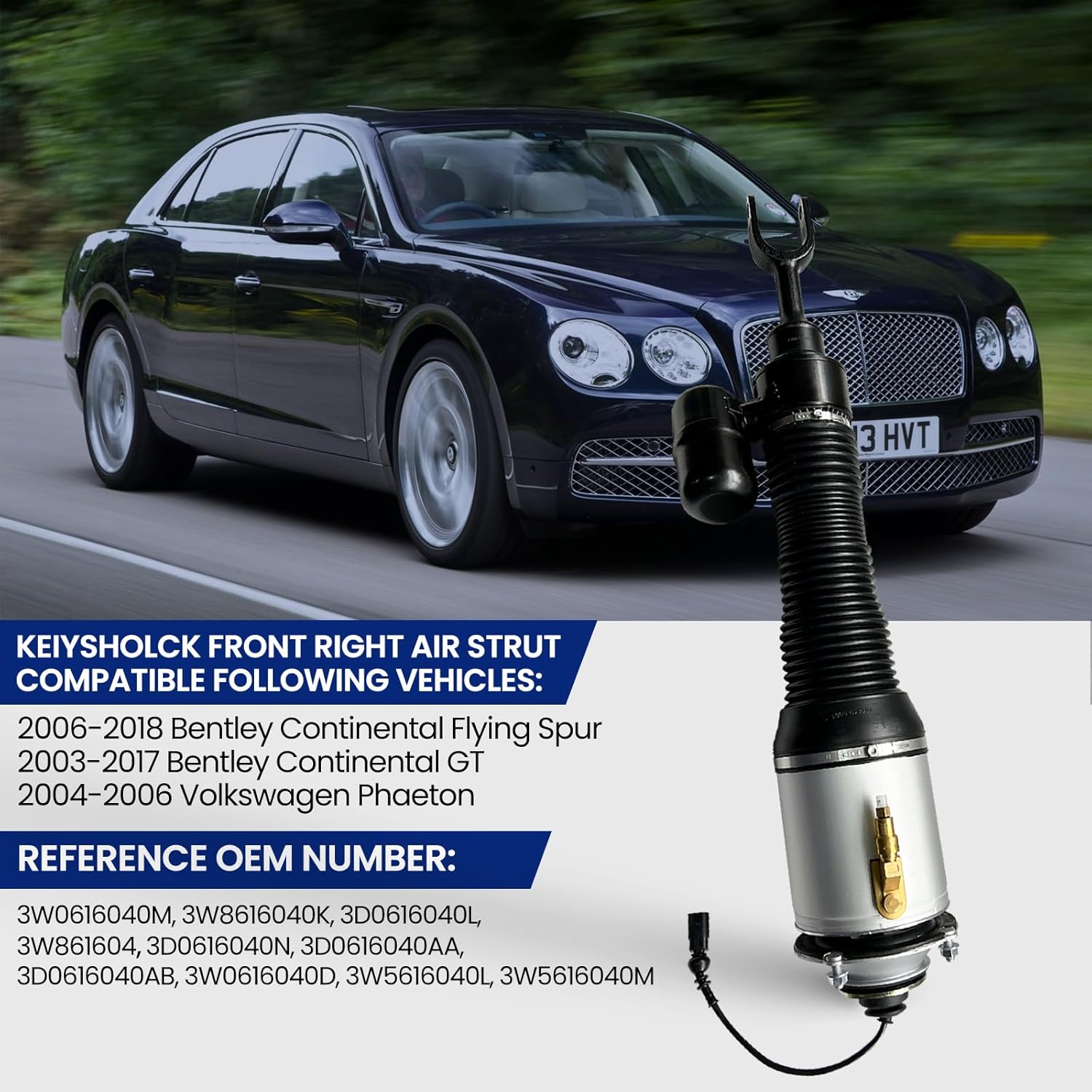Front Right Air Strut Suspension Replacement for 03-17 Bentley Continental GT/Flying Spur, 04-06 Volkswagen Phaeton OEM Replace Number 3W0616040M, 3W8616040K