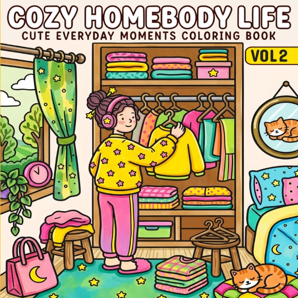 Cozy Homebody Life Cute Everyday Moments Coloring Book Vol. 2: 40 Bold and Easy Scenes to Color for Adults and Teens - Cozy Girl Daily Life, Home Routines, Baking, Self-Care and Hygge Moments