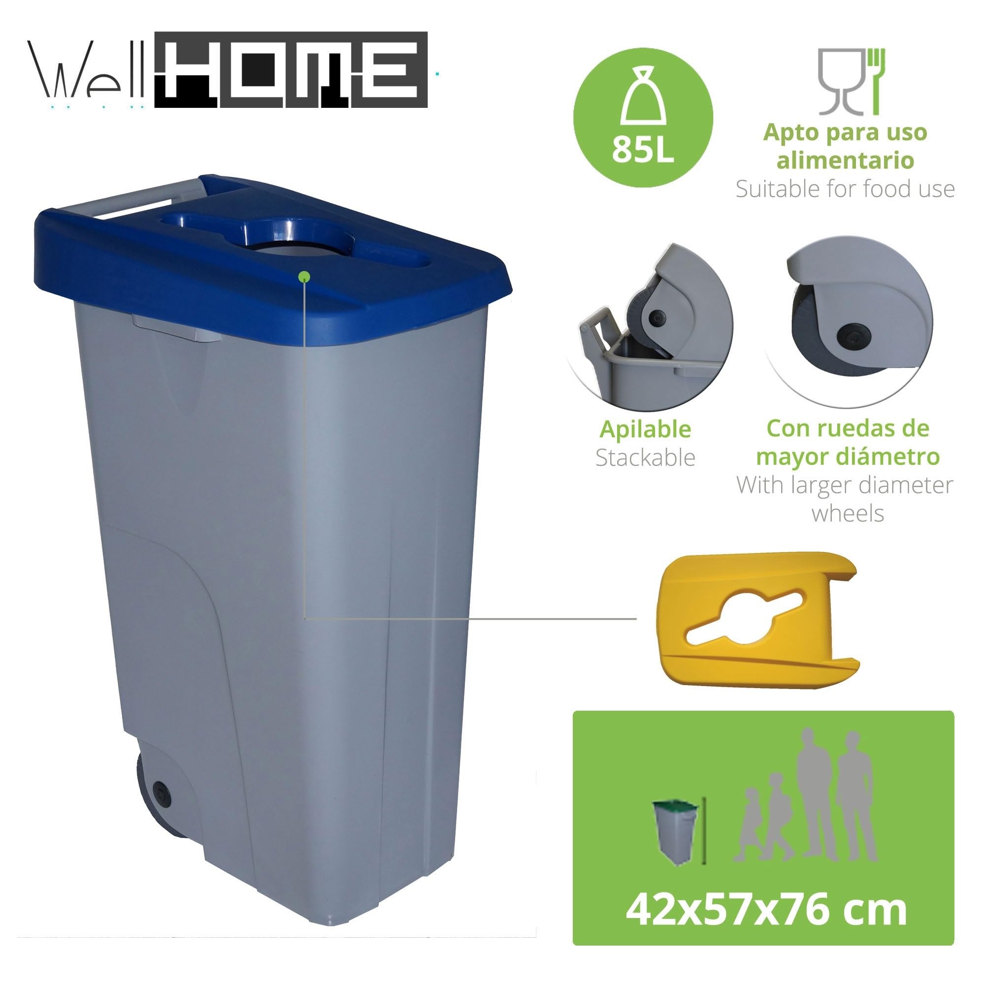 WELL HOME MOBILIARIO & DECORACIÓN Contenedor Abierto 85L Azul H.76cm + Rollo 10 bolsas de basura 100L