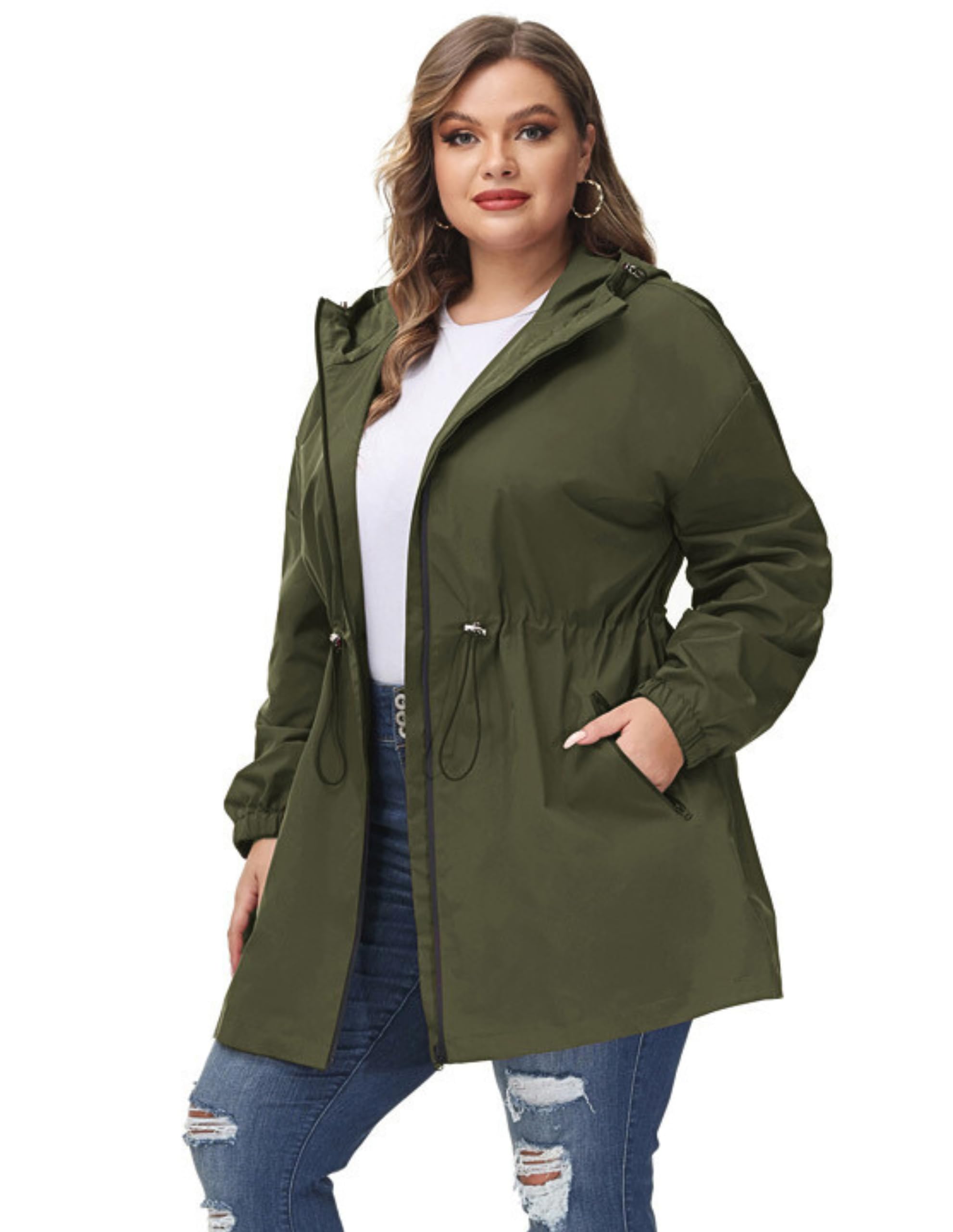 Hanna Nikole Manteau Imperméable Long À Capuche Pour Femme - Coupe-Vent Léger Et Imperméable Avec Fermeture Éclair Veste De Sport Avec Poches