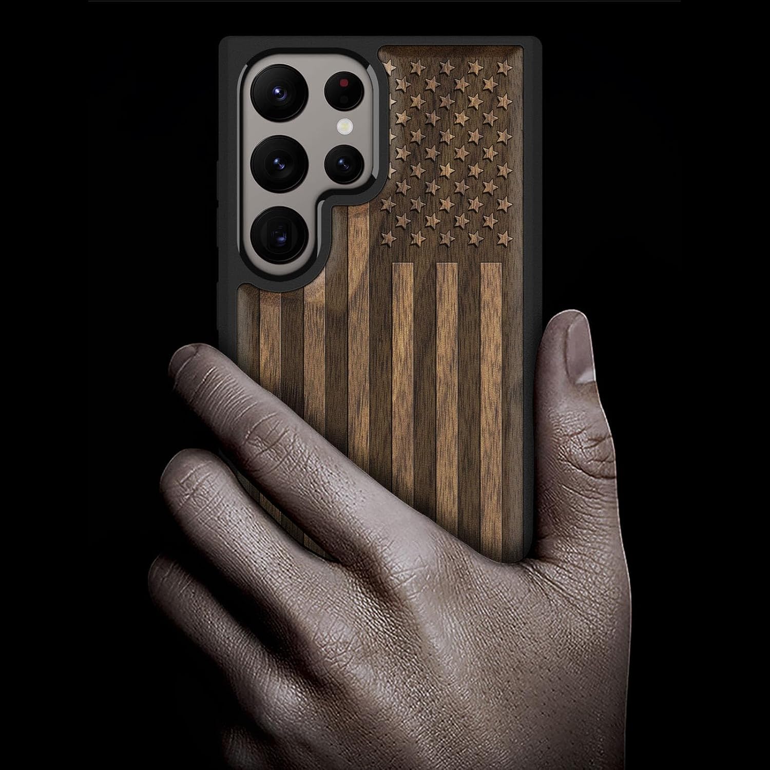 Carveit Wood Case for Galaxy S24 Ultra Case [Natural Wood & Black Soft TPU] Shockproof Protective Cover Unique Wooden Design Compatible with Samsung S24 Ultra (American Flag-Walnut)