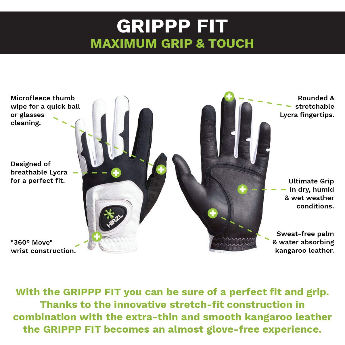 HIRZL GRIPPP FIT All Weather Mens Golf Glove (White/Black) | Kangaroo Leather & Lycra | Ultimate Grip in Wet or Dry Conditions, Worn on Left Hand, ML-XL (one Size forML, L, XL, & Cadet)