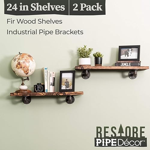 Miniatura 4 de Pipe DÉCOR - Estantería de madera de abeto Douglas de alta calidad, 24 pulgadas de largo, juego de 2 tablas y soportes de 4 L, acabado marrón