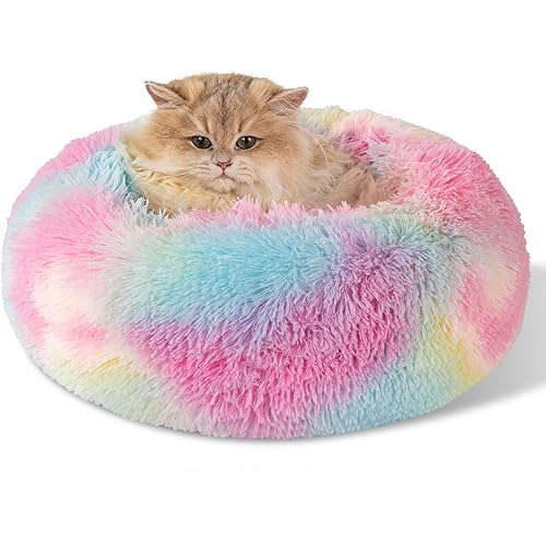 Dog Calming Beds for Small Medium Large Dogs - Round Donut Washable Puppy Dog Bed, Anti-Slip Faux Fur Fluffy Donut Cuddle Anxiety Cat Pet Bed(16'' Color)