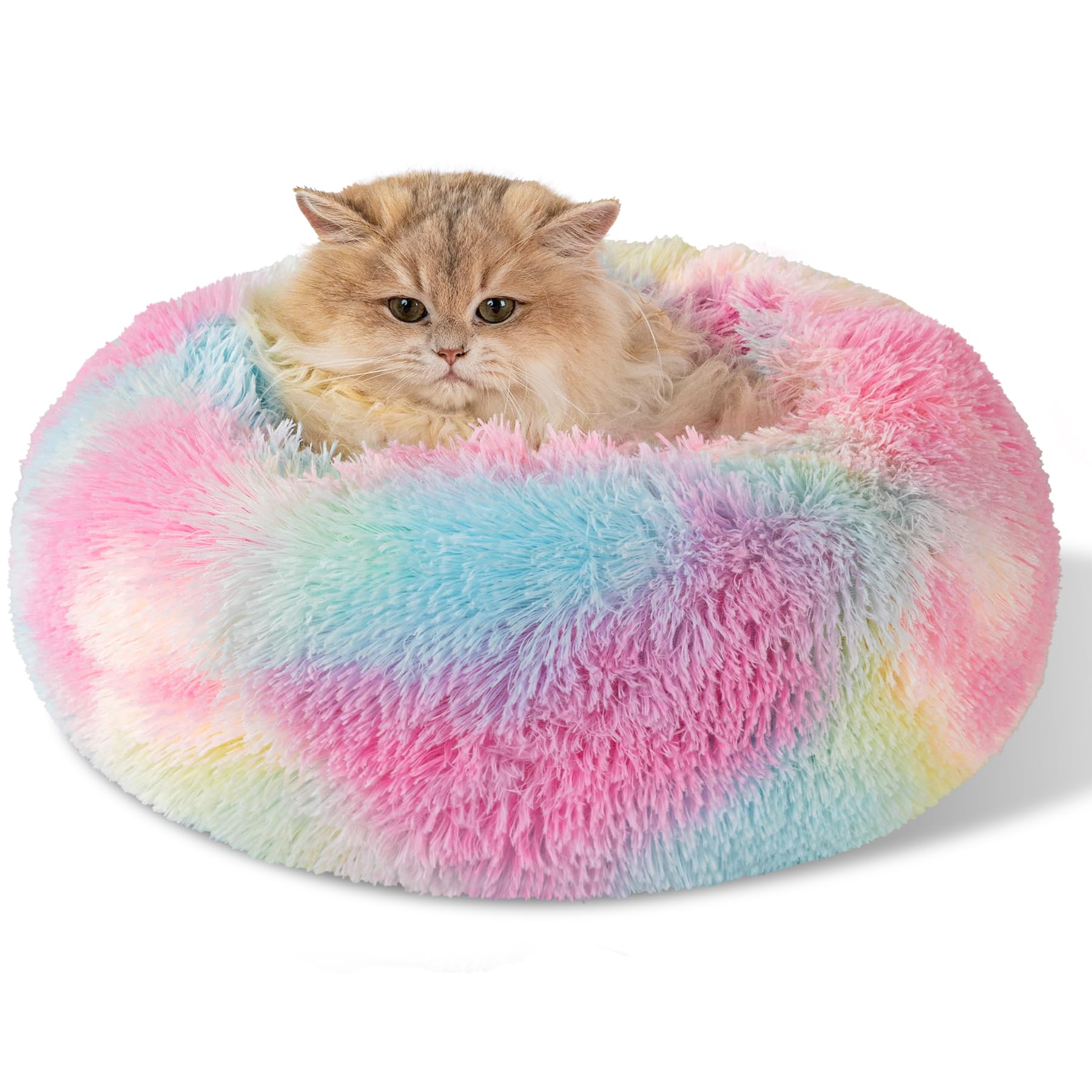 Dog Bed Calming Dog Beds for Small Medium Large Dogs - Round Donut Washable Puppy Dog Bed, Anti-Slip Faux Fur Fluffy Donut Cuddle Anxiety Cat Pet Bed(16'' Color)