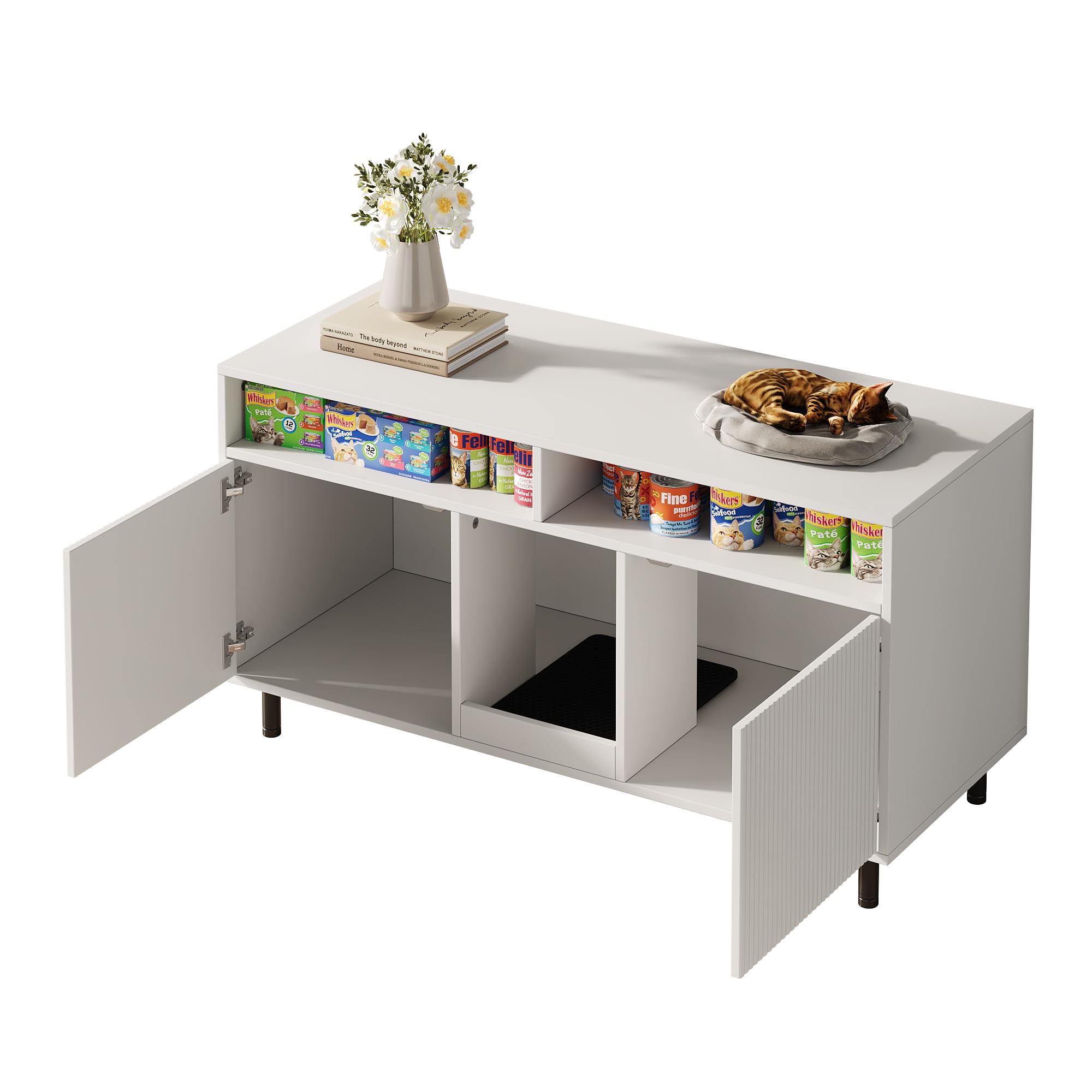 Katzentoiletten-Schrank/Katzenstreuwanne-Schrank mit Sandauffangmatte, Haustier-Schrank mit Ablage, Haustier-Sideboard/TV-Schrank, ohne Katzenstreuwanne, 120x50x66cm, Weiß