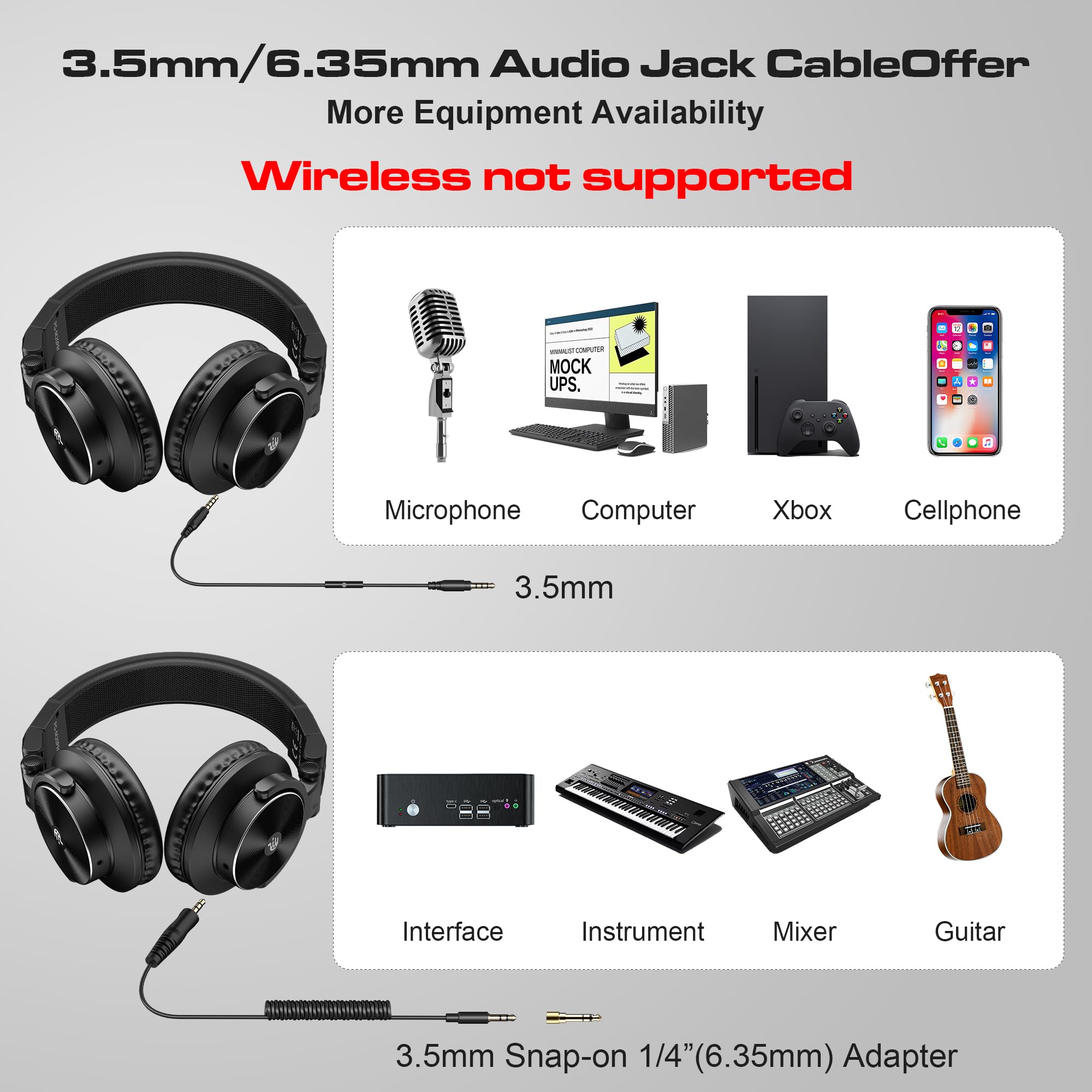 PUPGSIS - Auriculares con cable para monitor de estudio, controladores profesionales de 50 mm, auriculares estéreo DJ de 40 kHz, conector de audio de 1/4 a 3,5 mm para grabación/mezcla/podcast