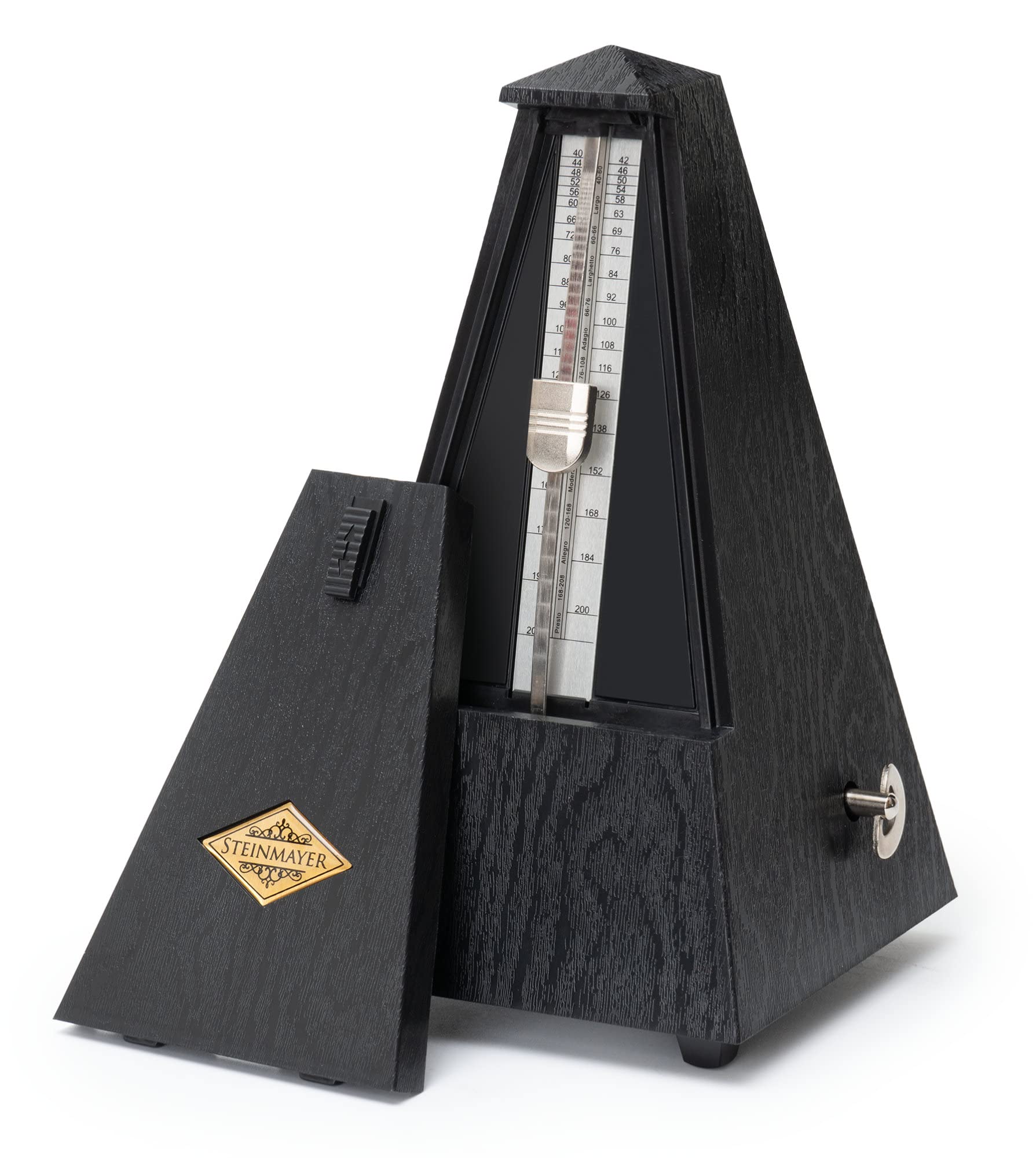 M-03G Metronom mit Glocke - Mechanischer Taktgeber in Pyramidenform - 40-208 Schläge pro Minute - 4 Taktarten - Robustes Kunststoffgehäuse - Schwarz mit Holzmaserung