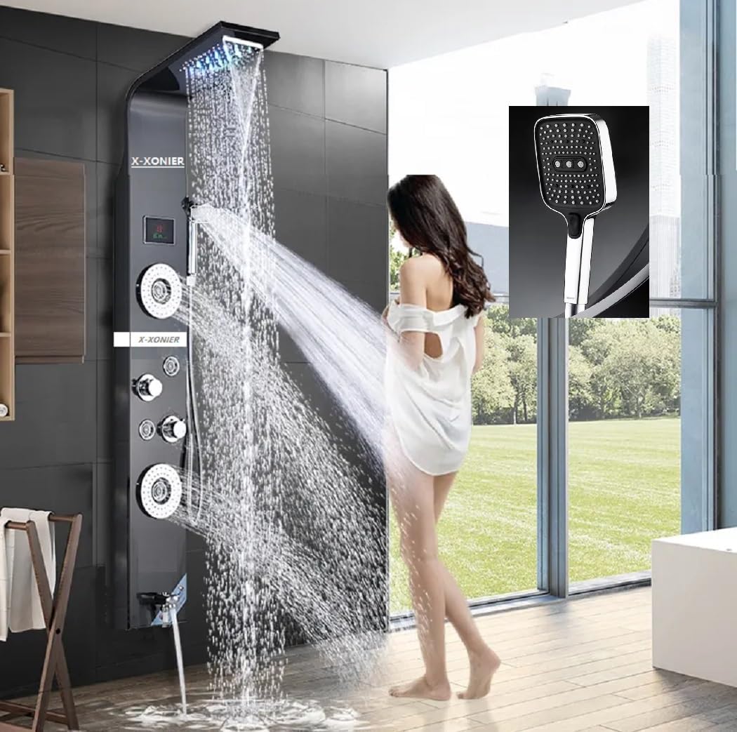 Stainless Steel 304 Grade Shower Panel 6in1+ Extra Large 3Ways Hand Shower Tower System With LED Rainfall Waterfall Shower 2Body Massage 4Mist Spray Temperature Display Shower Panel.(Black)