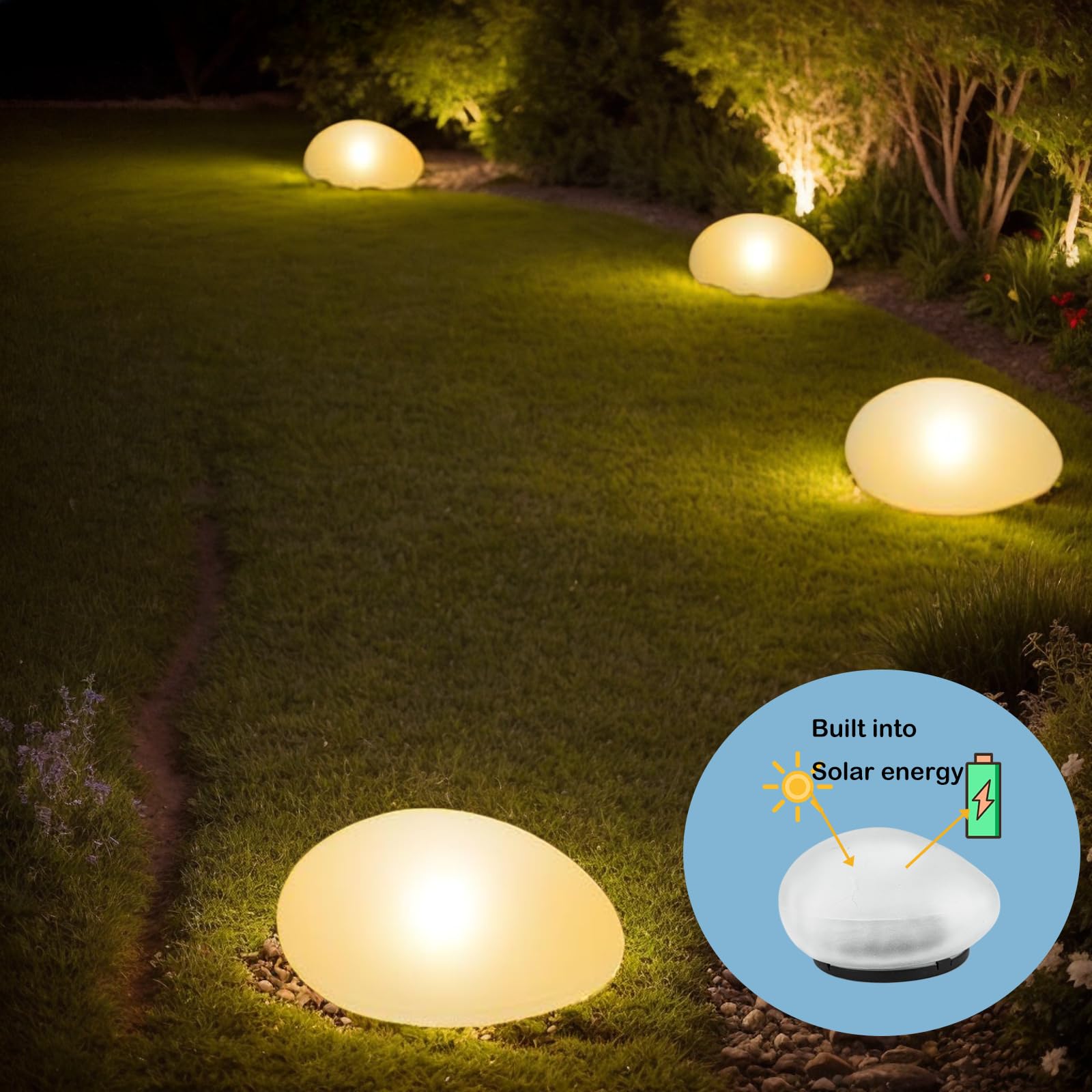 SC-Daily Solar Lights Outdoor Waterproof Solar Pebble Rock Garden Lights Decorative with Warm Light LED, IP65 Waterproof - Image 4