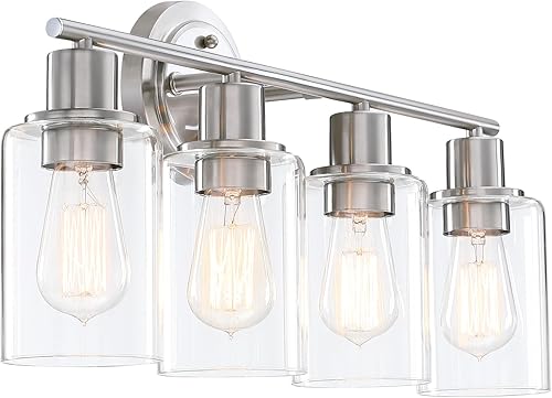 Miniatura 7 de Lámpara de baño de níquel cepillado de 4 luces sobre espejo de fregadero, 4 luces de tocador de baño de níquel cepillado aplique de pared para