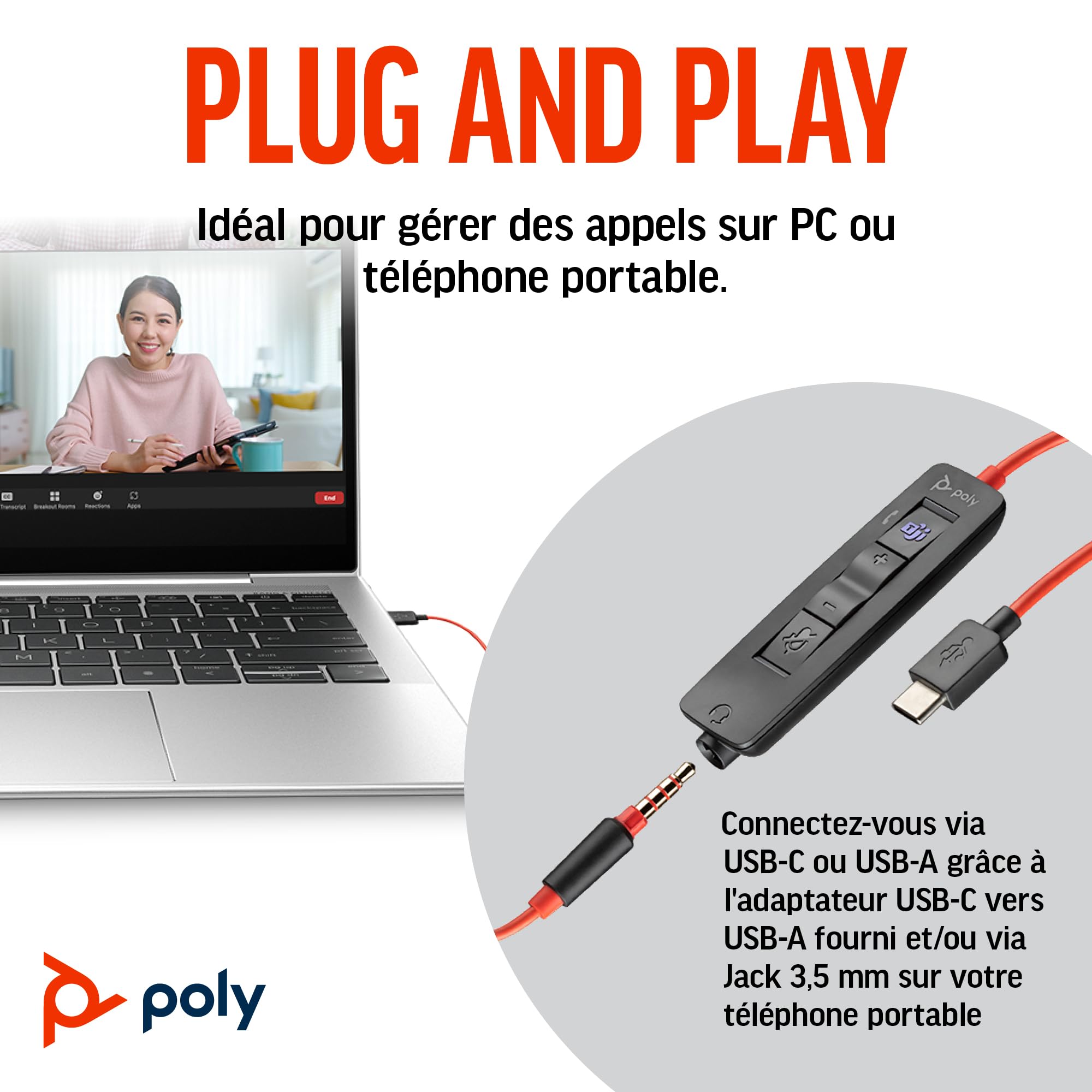 Micro-casque filaire Poly Blackwire 3325 – Perche de microphone flexible – Son stéréo hi-fi - PC/Mac/téléphone portable - Certifié pour Microsoft Teams