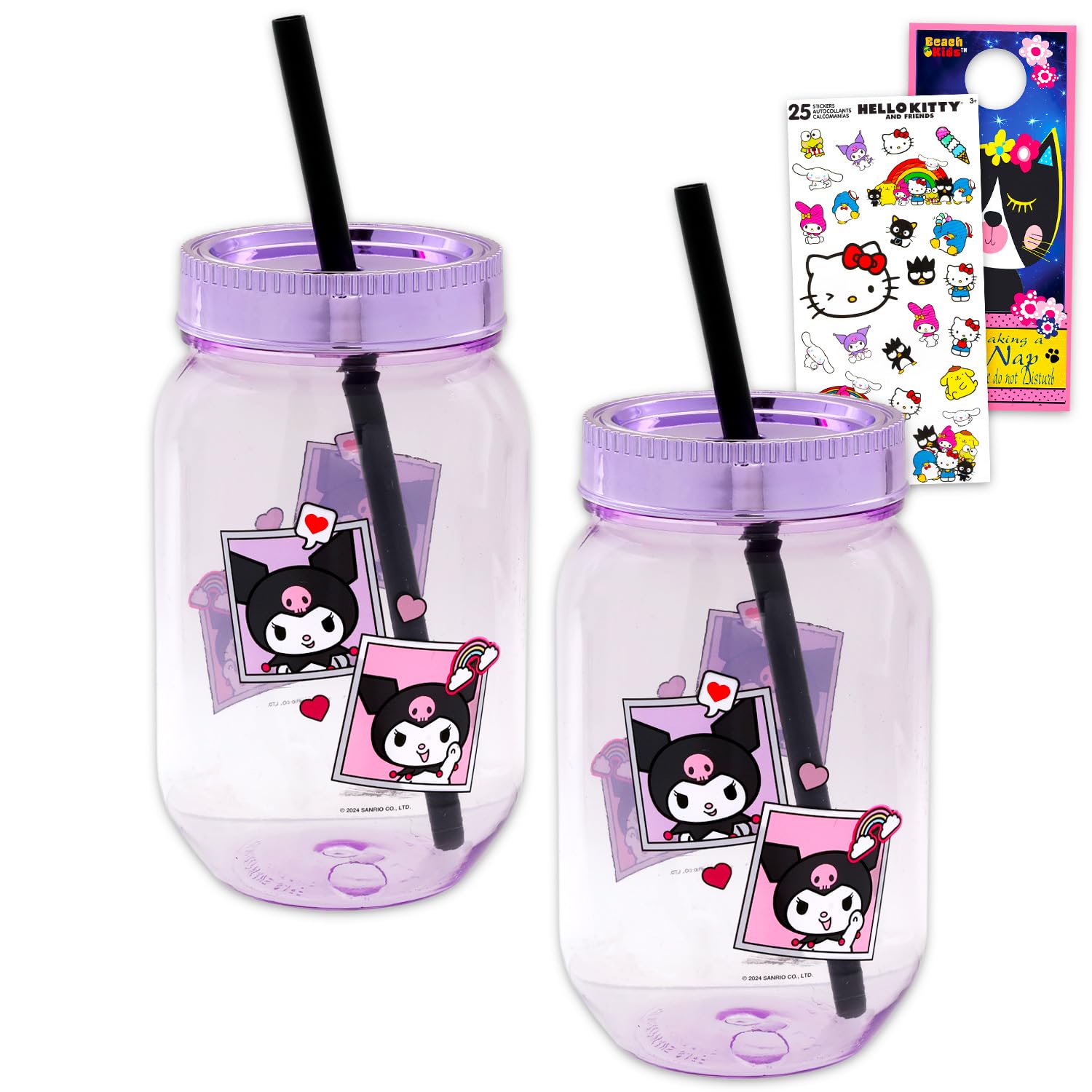 Bocal Kuromi Mason Sanrio tasses à eau avec pailles autocollants filles