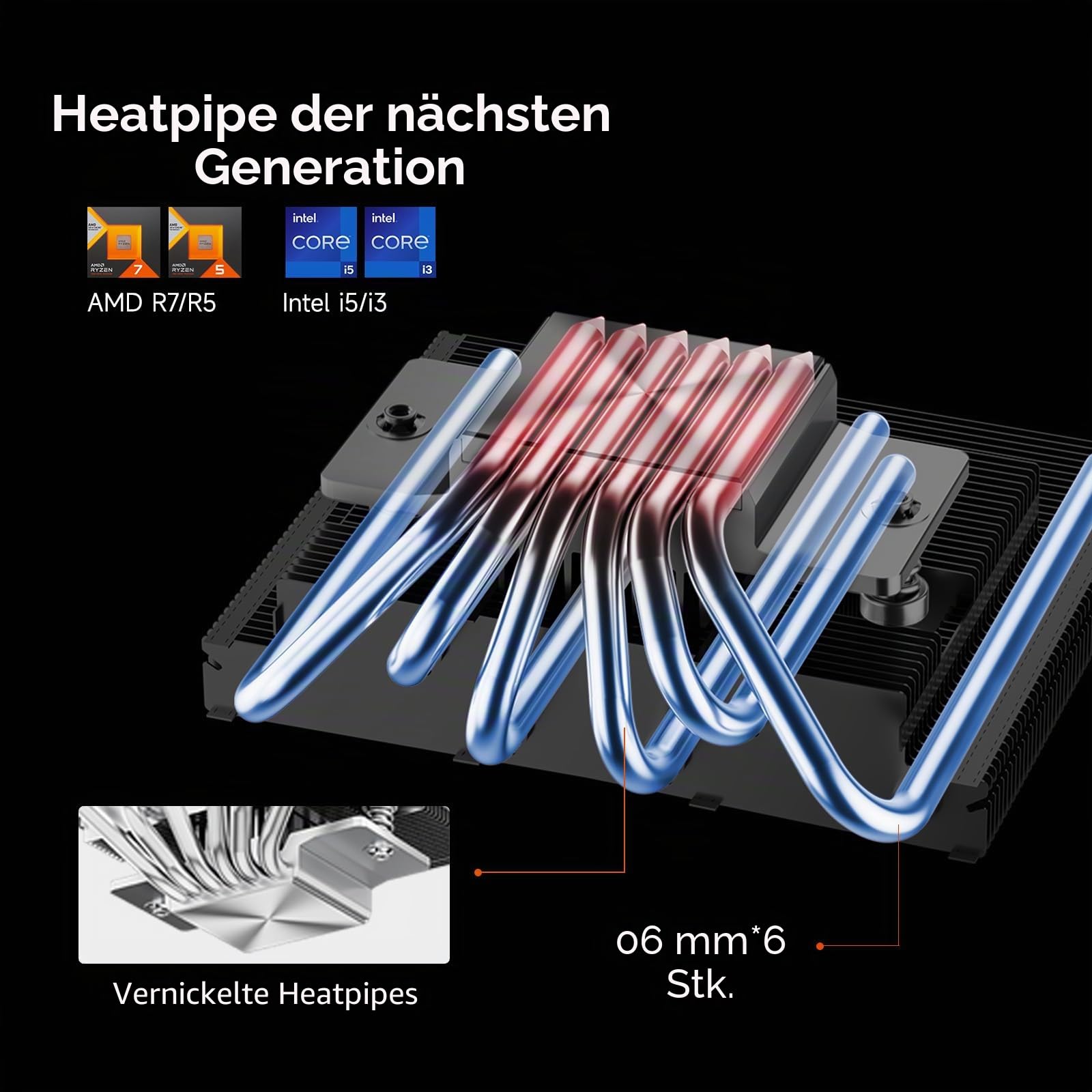 CPS RC600-67 BK 67 mm Höhe Low-Profile-CPU-Kühler, 6 Heatpipes CPU-Luftkühler mit 120 * 15 mm Slim-Lüfter für ITX, Small-Form-Factor-Builds, unterstützt Intel LGA 115X/1200/1700/1851, AMD AM4/AM5