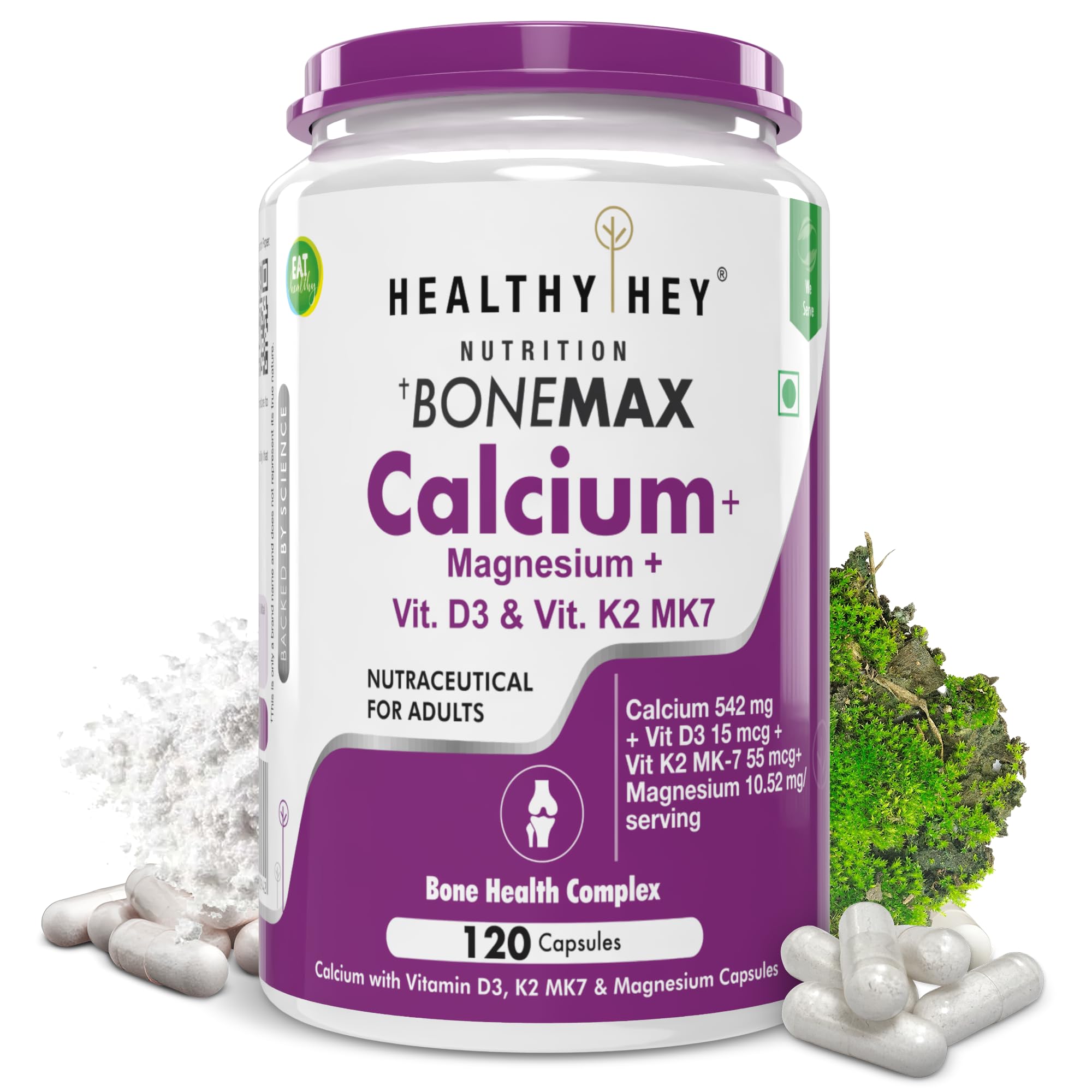 HealthyHey NutritionCalcium with Magnesium, Vitamin D3 & Vitamin K2- Mk7 - BoneMax - Bone Health Complex -120 Vegetable Capsules