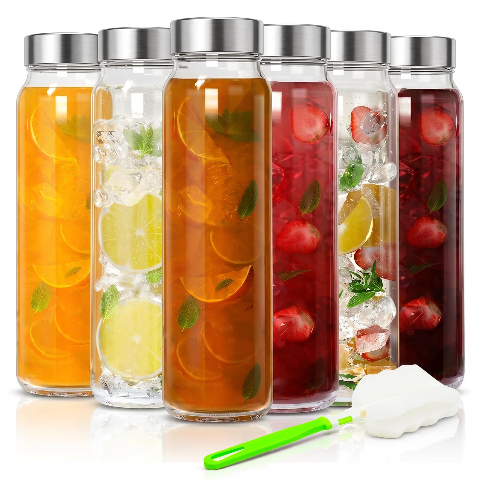 DMOPRDNB 6 Pack Glass Water Bottles 500ml with Lids, Leak Proof Clear Reusable Drinking Bottles, BPA Free Food Grade Glass Juice Bottles for Water, Milk, Coffee, Smoothie, Homemade Juice - Wide Mouth