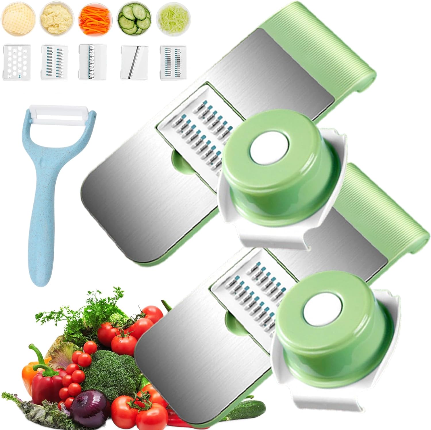 Multifunctional Vegetable Cutter, 2026 New Portable Mandoline Slicer, Manual Food Cutter & Dicer with 5 Blades, Multi Functional Vegetable Slicer for Salad, Fruits & Garlic (2 PCS Green)