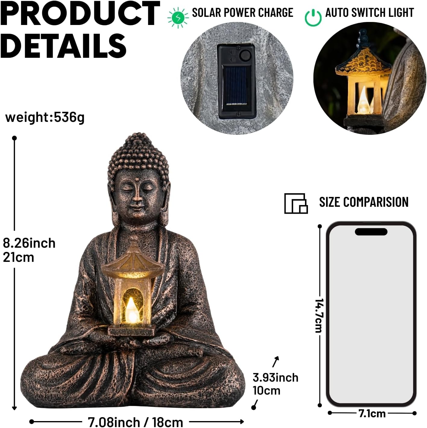 Buddha Garden Statue with Solar Light, Resin Zen Decor for Outdoor Patio or Indoor Meditation, Spiritual Gift for Women and Friends (Copper Pavilion) - Image 3