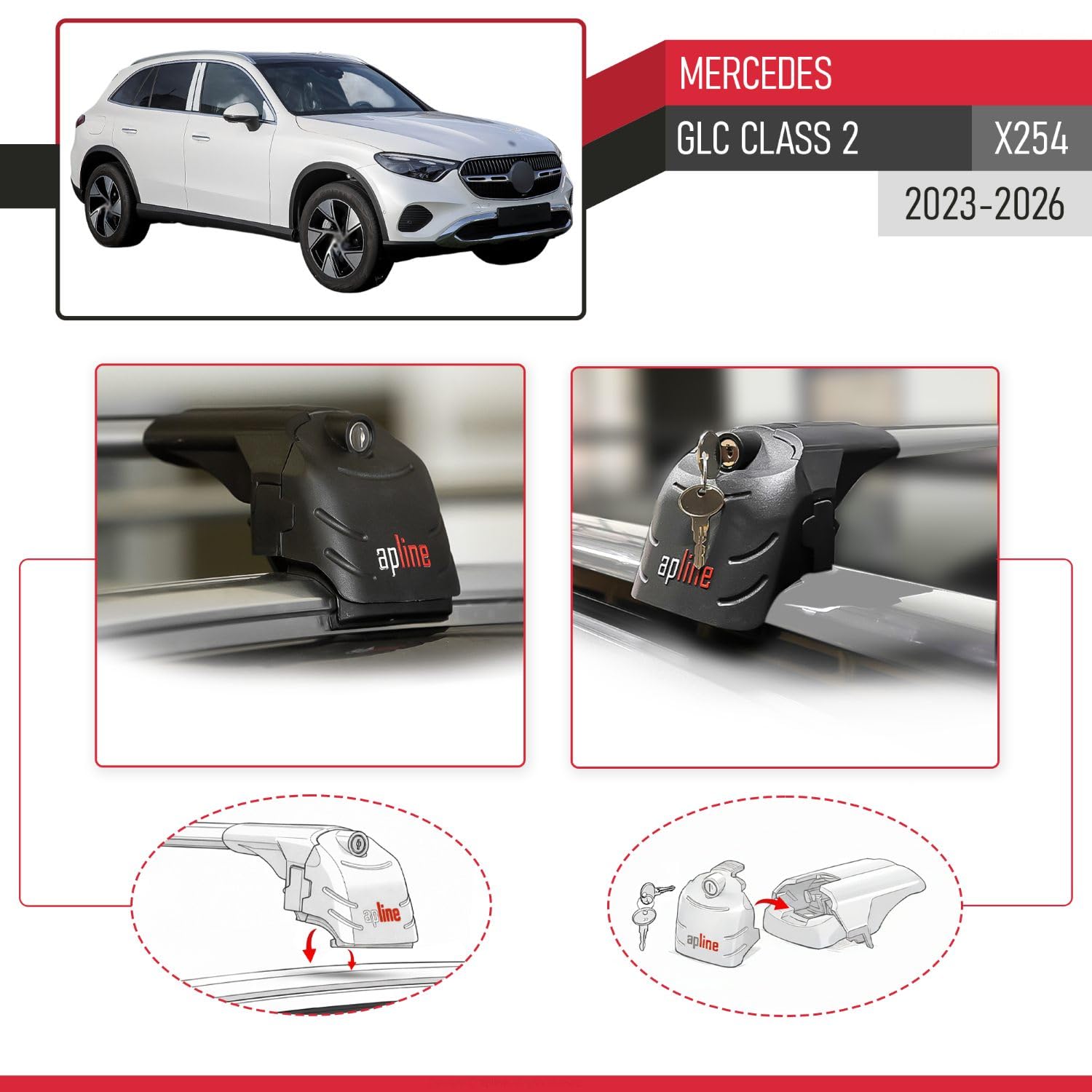 Compatibile con Mercedes GLC Class 2 (X254) 2023-2026 Modello ACE-2 Barre Tetto Portapacchi Auto Barre Portatutto Grigio Alluminio 2 Barre