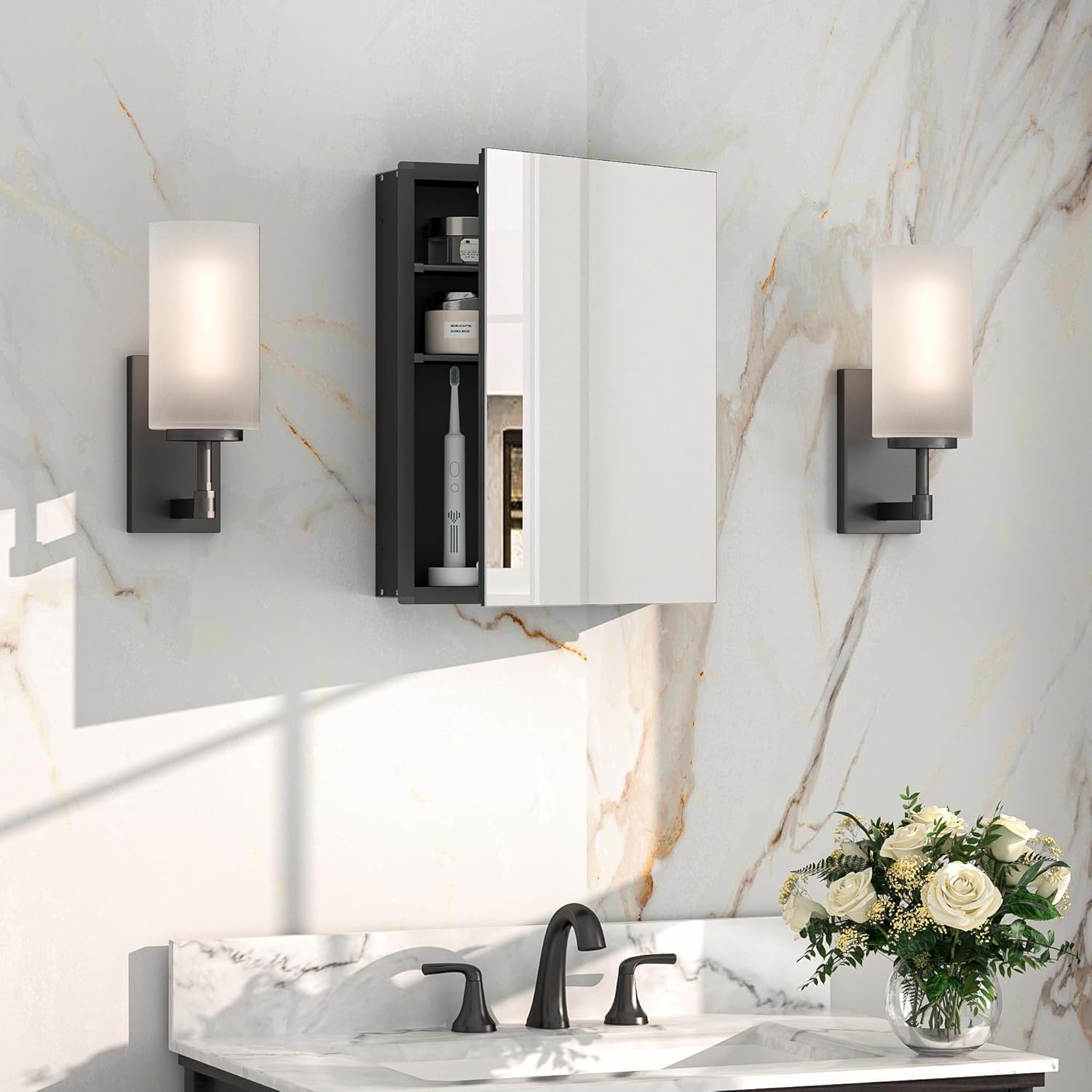 Keonjinn Small-Sized Black Medicine Cabinet 14 x 18 Inch, Assembly Required, Mini Medicine Cabinet Mirror for Compact Bathroom, Free Adjustable Shelves, Wall Mount or Recessed, Tempered Glass Black 14x18 In