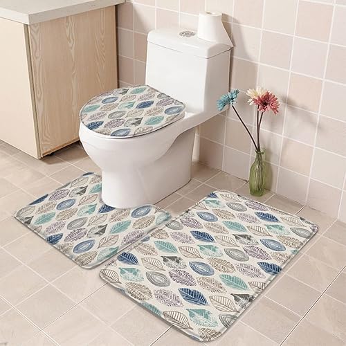 Bathroom Rugs Sets 3 Piece Bath Mat,Ethnic Watercolor Gradient Leaf Seamless Soft Non-Slip Bath Rug Set,Absorbent Shower Rugs Toilet Seat Cover