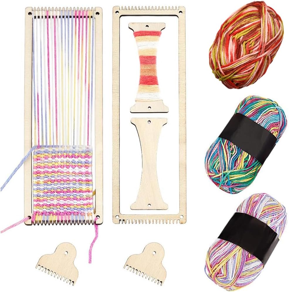 AHANDMAKER 2 Sets Weaving Loom Kit Weaving Frame Set with Yarns,Rods,Combs,Shuttles 2.6 x 8 Inch Wood Bookmark Knitting Loom for Adults Weaving Lovers, Contains Enough Weaving Yarn