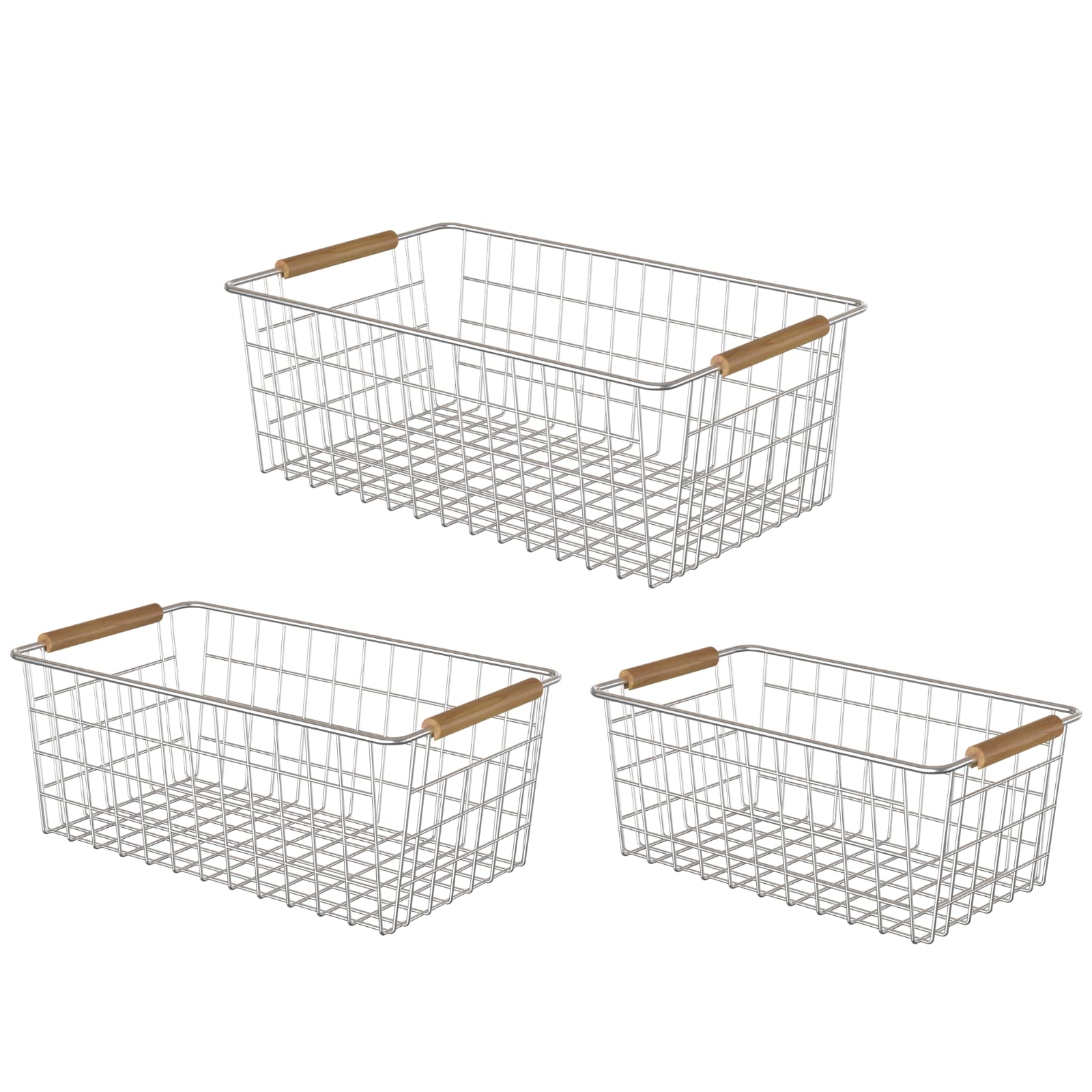 YOUVIP 3 Pack Wire Storage Baskets for Organizing,Household Pantry Storage Freezer Baskets with Wooden Handles,Metal Storage Baskets for Bathroom,