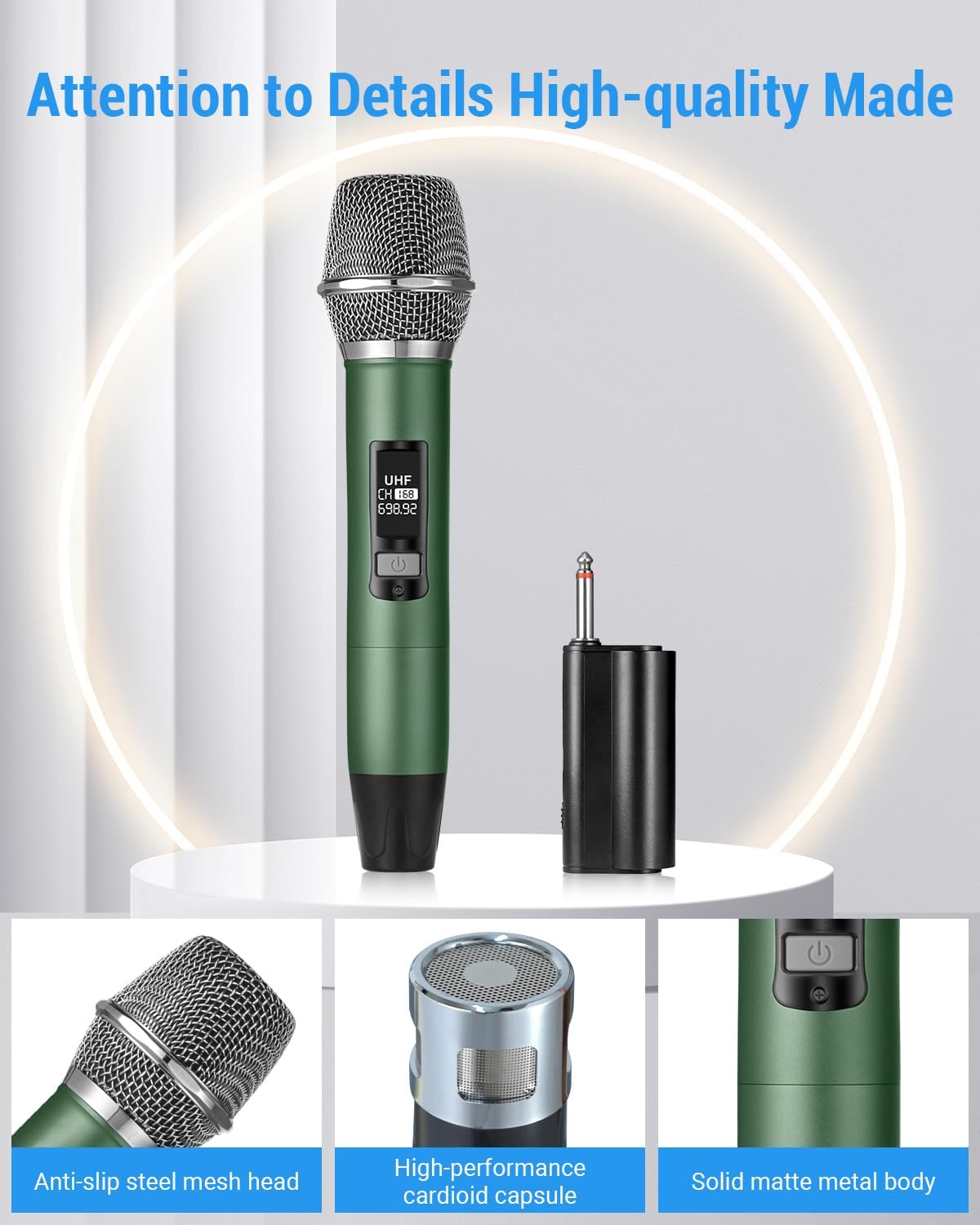Condition photo showing New/Like New for rechargeable wireless microphone, two metal uhf microphones with 1/4" receiver, plug-and-play for karaoke singsing, lecture, stage performance, pa system (green - one mic)