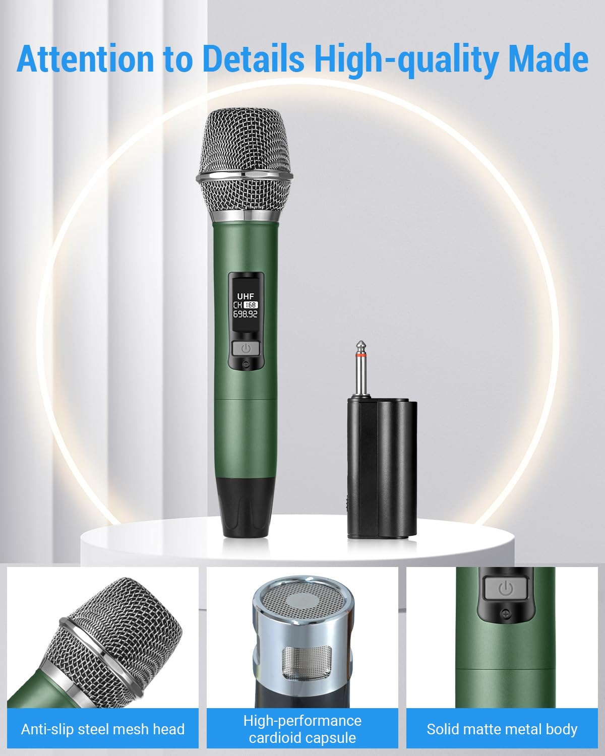 Wiederaufladbares Kabelloses Mikrofon, Metall UHF Mikrofon mit 1/4 Zoll Empfänger, Plug-and-Play für Karaoke Singen Vortrag Bühnenauftritt PA-System (Grün)