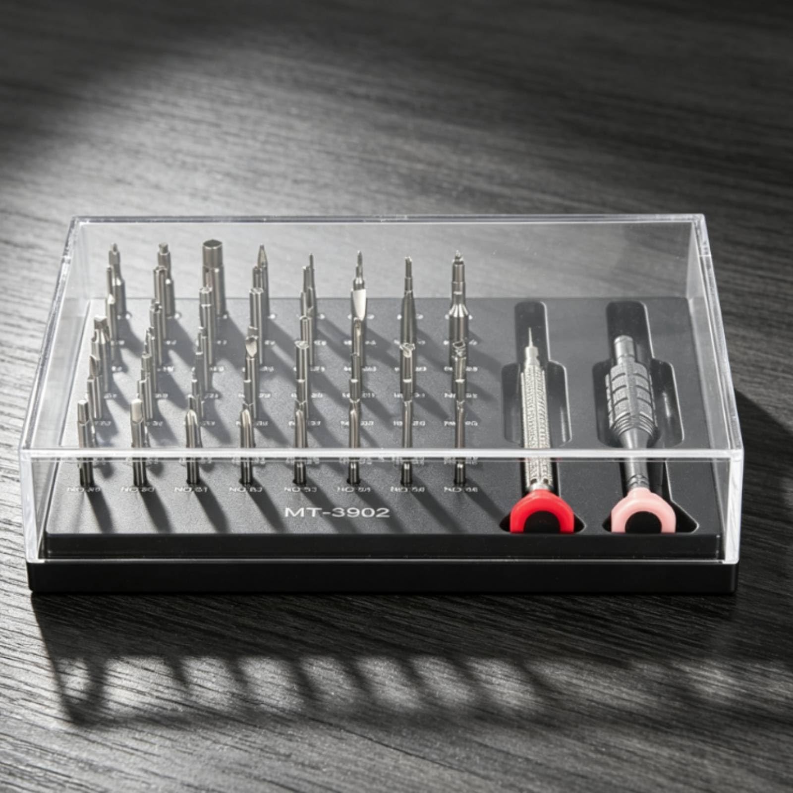 Präzisionsschraubendreher set mit 56 Wechselbits Und Basis Tablett für Uhrenreparatur Werkzeug Koffer mit Metall Griffen für Uhrmacher Juweliere Feinarbeit