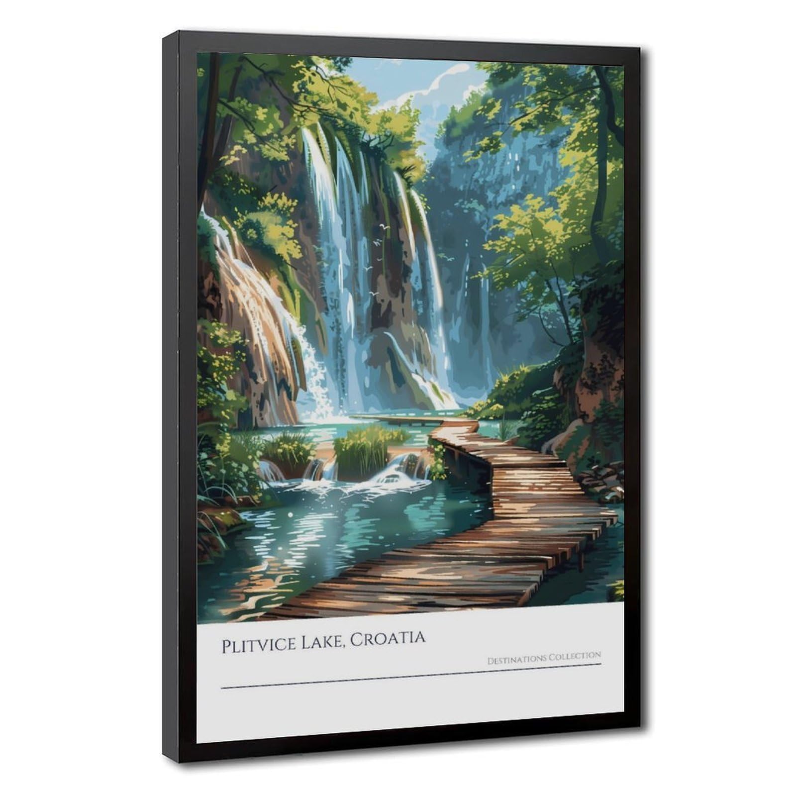 Mnyuein Plitvice Lakes Waterfall Illustration Poster Croatian National Park Art Canvas Poster Bedroom Decor Sports Landscape Office Room Decor Gift Black Frame 24" L X 36" W