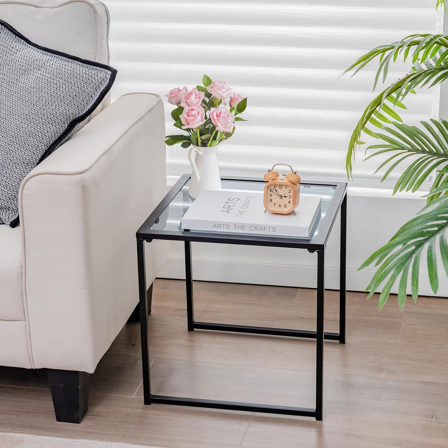 Giantex 17” Square Outdoor Side Table with Metal Frame, Indoor Small Tempered Glass End Table for Bistro, Patio, Living Room, Porch, Deck, Garden, Poolside, Easy Assembly