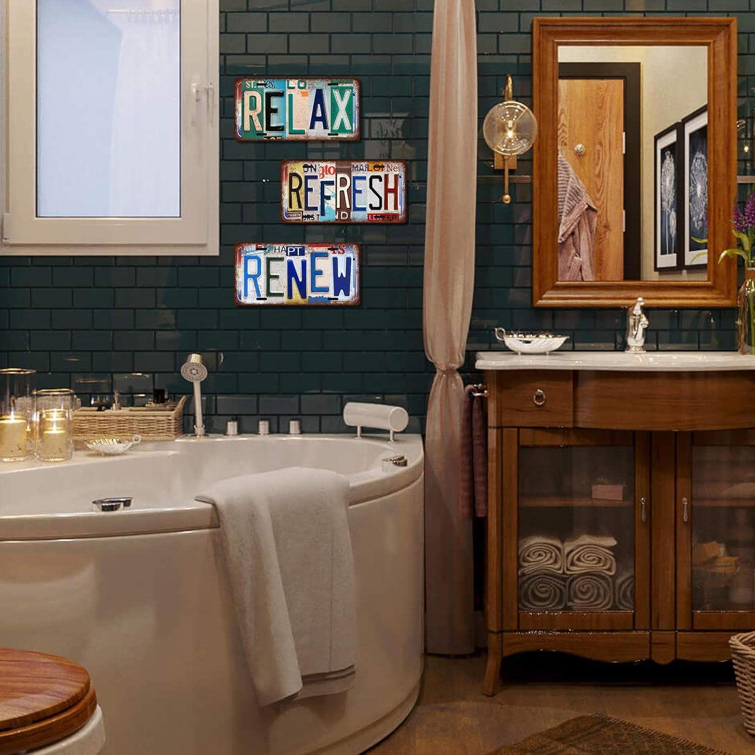 3 Pces Vintage Bathroom License Plate Refresh Relax Renew Wall Decor Metal Tin Sign 12 x 6 Inches