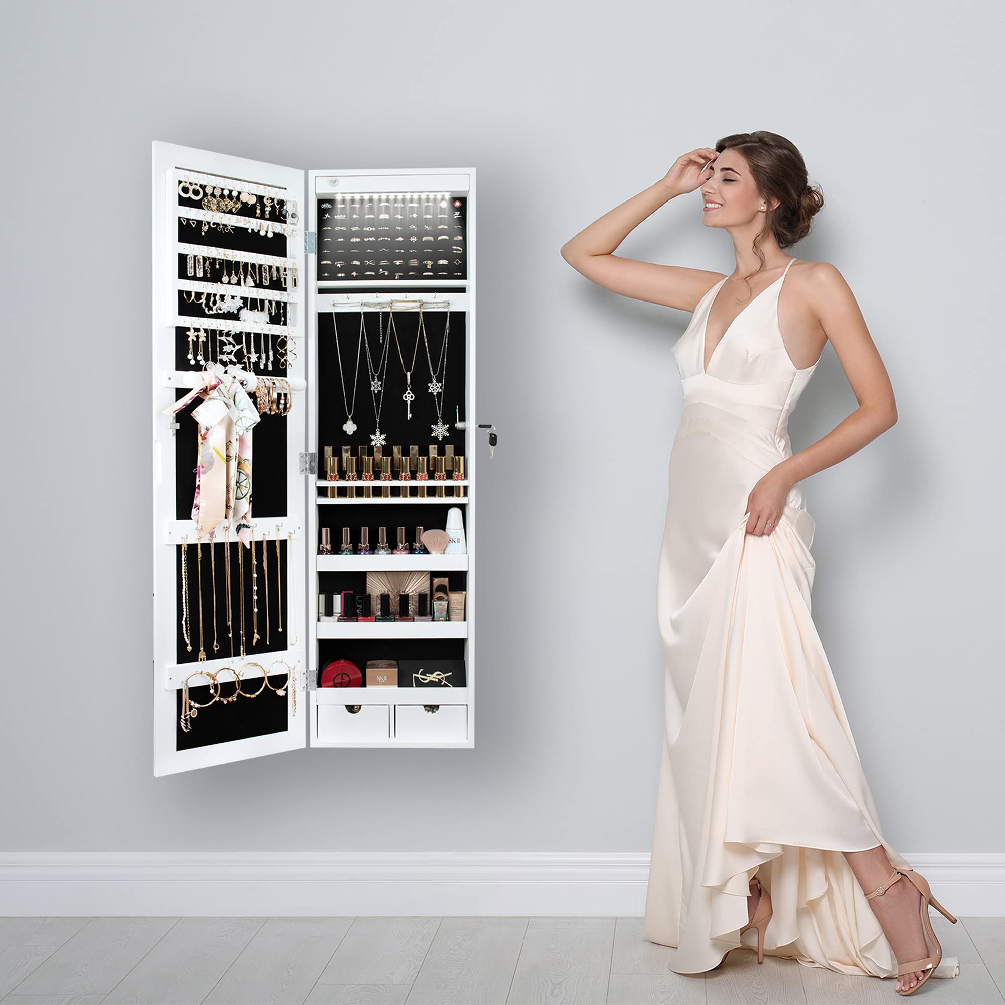 Ezigoo Mirror Jewellery Door Mount/Wall Mounted Jewellery Mirror with LED