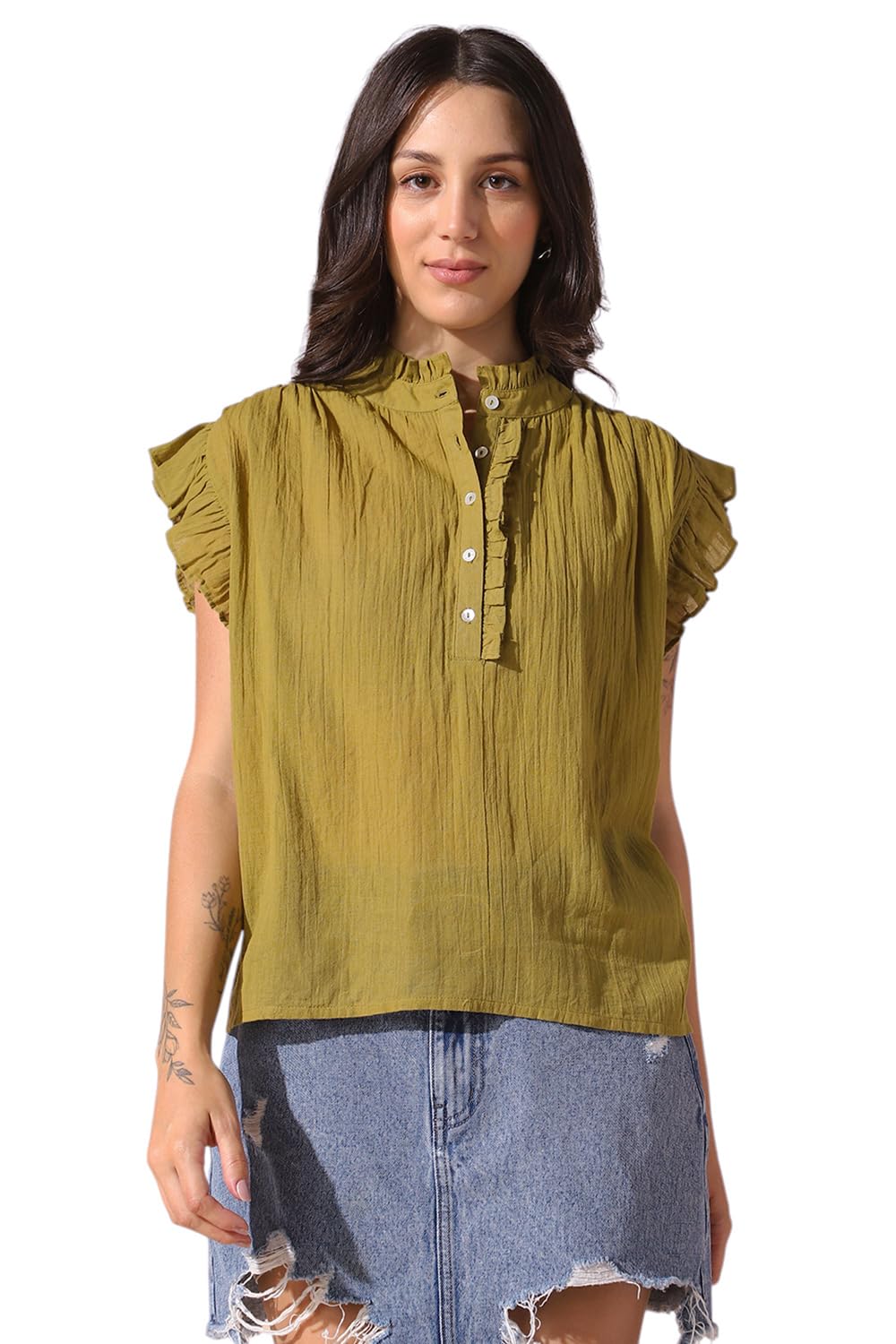 dl woman Solid Textured Sleeveless Round Neck Ruffle Top-picture-23