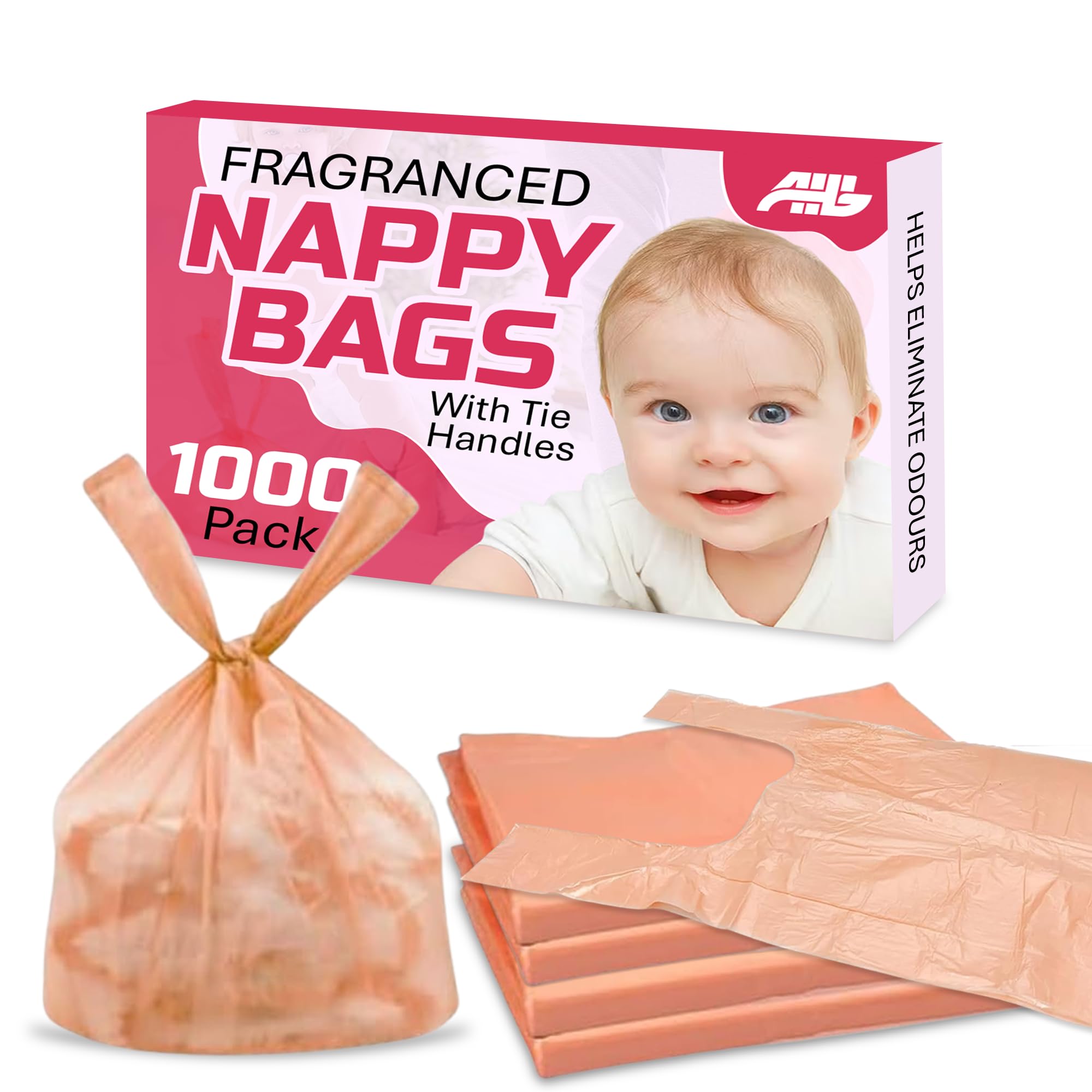 AHG 1000 Coloured Nappy Bags with Tie Handles | Lightly Fragranced, Leak-Proof Disposable Bags for Baby Nappy Disposal | Durable, Strong, Odour-Control, Travel-Friendly Baby Essentials