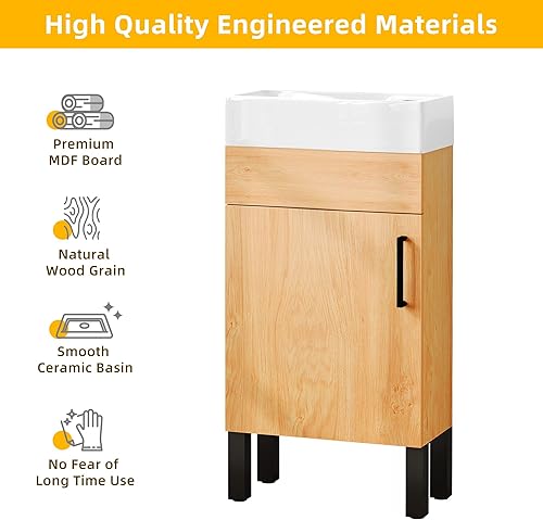Miniatura 7 de DWVO Combo de lavabo de baño de 16 pulgadas para espacio pequeño, armario de baño independiente con fregadero de cerámica empotrado, puertas de