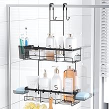 FINIBO Shower Shelf for Hanging, Black, Shower Shelf No Drilling for Shower Doors, Shower Shelf for Hanging with 2 Shower Shelves, 2 Soap Holders, 1 Toothbrush Holder and 4 Removable Hooks