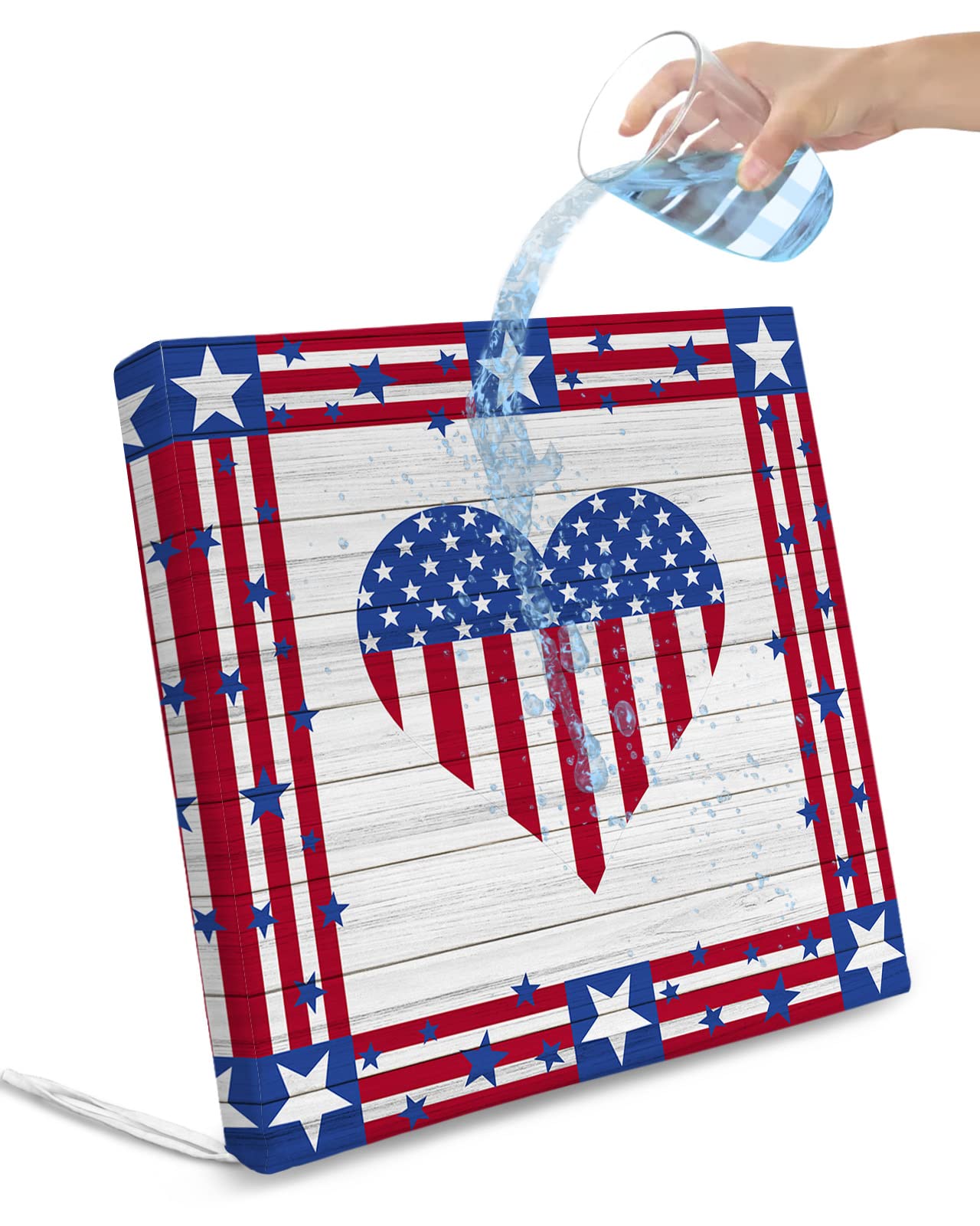 2 Pack Waterproof Patio Cushion Cover for Outdoor,4th of July Stars and Stripe on Wood Grain Washable Replacement Covers Furniture Seat Slipcover for Couch Chair,Freedom Love Heart USA Flag,24x24in