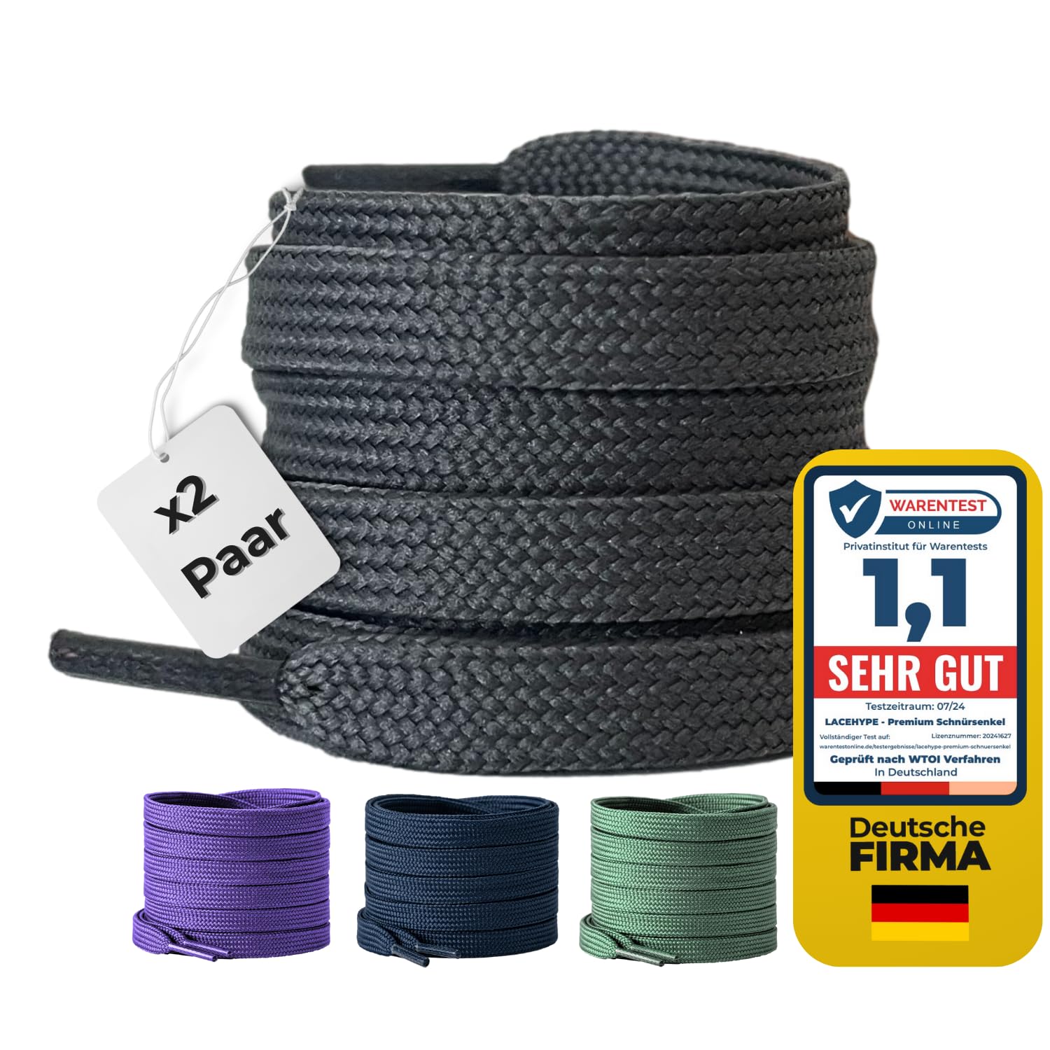 LaceHype 2 Paar Premium Schnürsenkel flach [10 mm breit ] LC1 reißfest Schuhbänder Ersatz Shoelaces aus Polyester für Sneaker, Sportschuhe, Laufschuhe, Turnschuhe (Dunkelgrau, 180)
