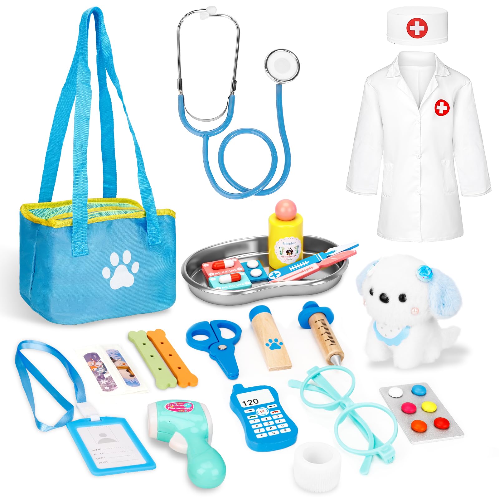 Malette Docteur Enfant,Kit Infirmiere Jouet Docteur Bois,Kit Médicale avec Véritable Stéthoscope,Thermomètre,Seringue,Jeu d'imitation Cadeau pour Fille Garçon Enfant 3 4 5 6 7 Ans