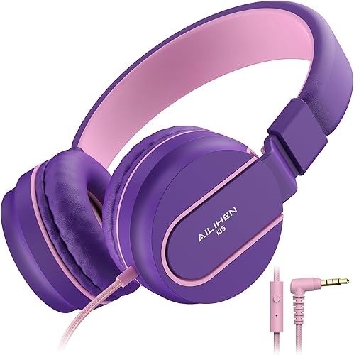 AILIHEN Auriculares para niños para la escuela, volumen seguro limitado 93 dB, micrófono HD en la oreja sonido estéreo para niñas y niños,